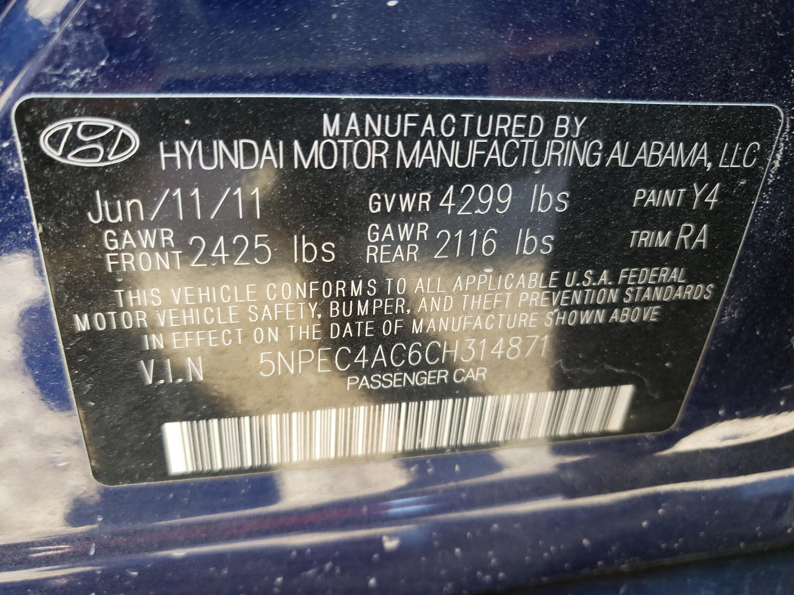 Photo 10 from auction – 2012 HYUNDAI SONATA SE with VIN 5NPEC4AC6CH314871