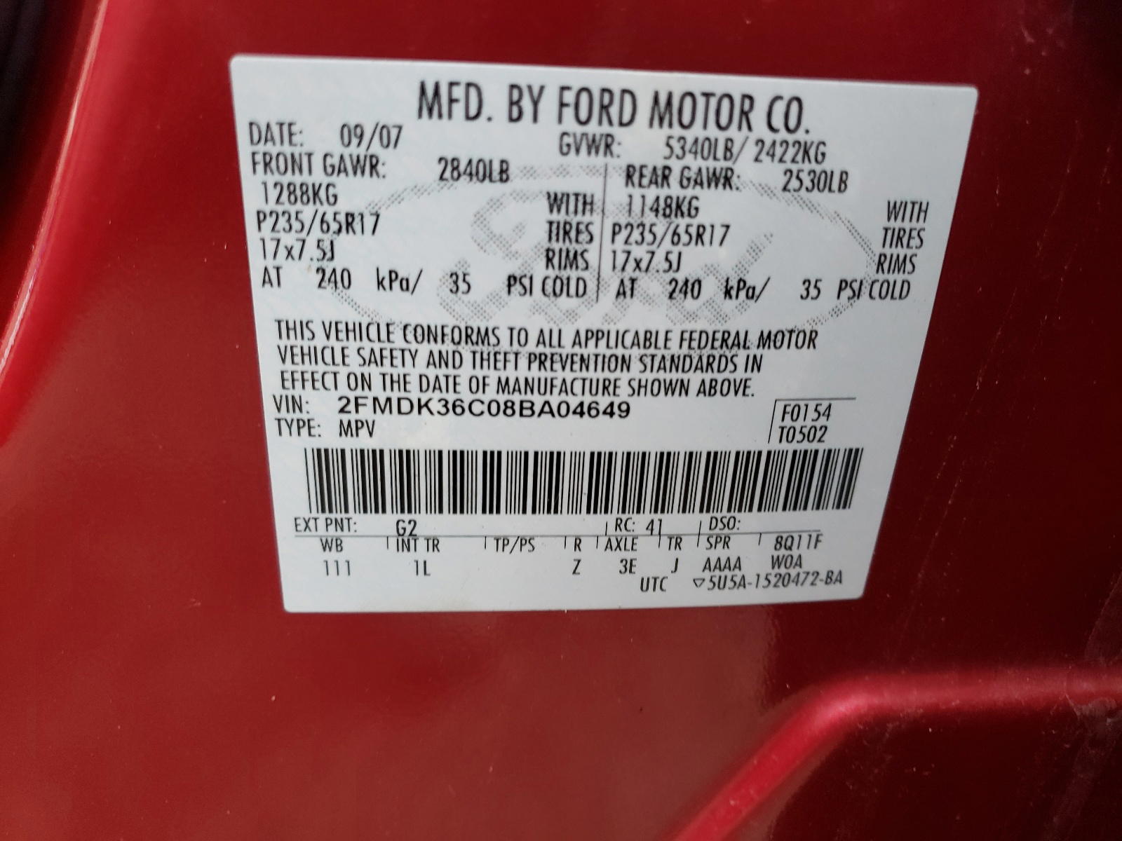 Photo 10 from auction – 2008 FORD EDGE SE with VIN 2FMDK36C08BA04649