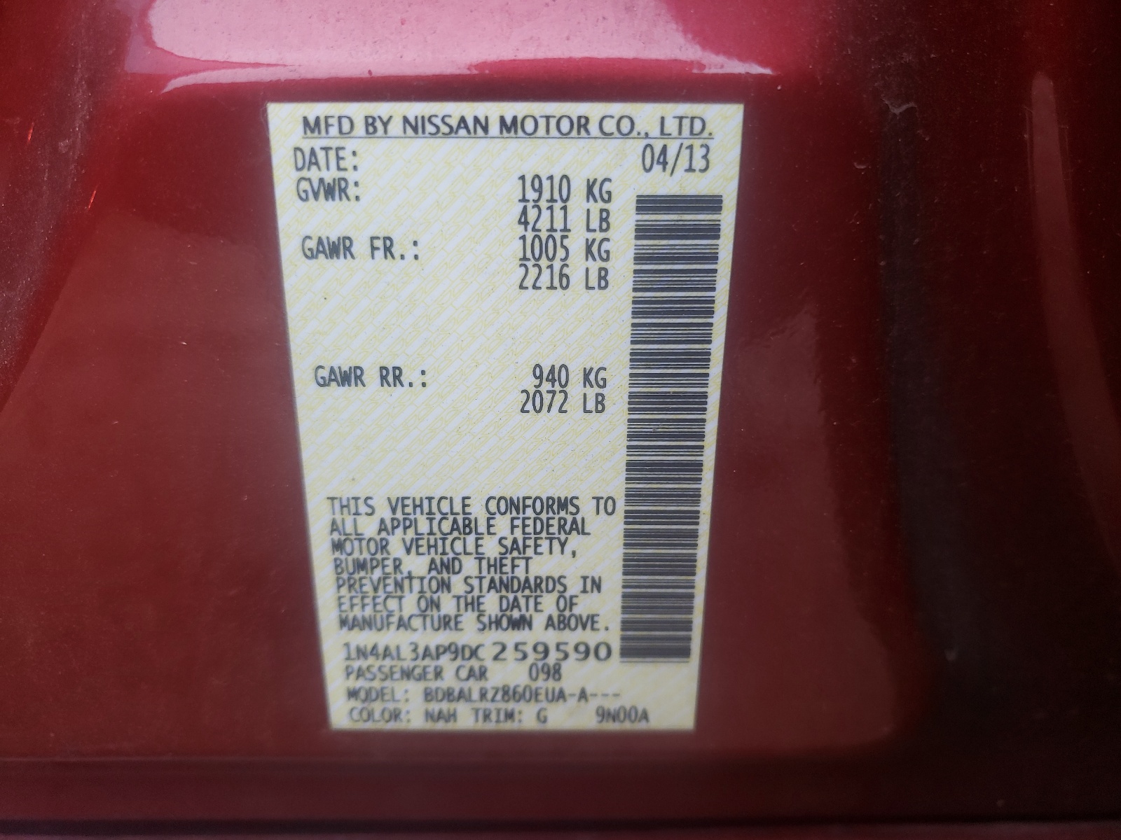 Photo 10 from auction – 2013 NISSAN ALTIMA 2.5 with VIN 1N4AL3AP9DC259590