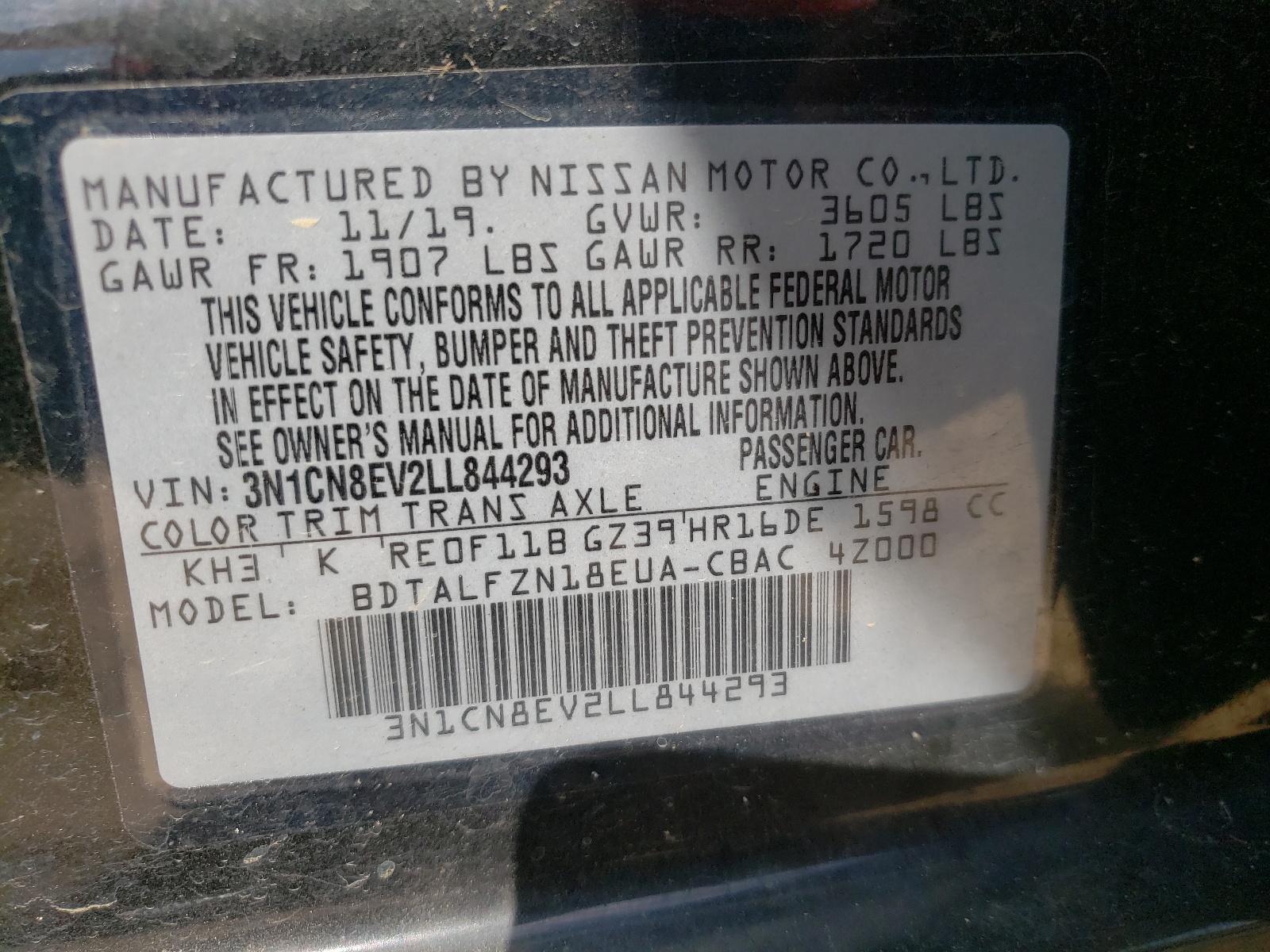 Photo 10 from auction – 2020 NISSAN VERSA SV with VIN 3N1CN8EV2LL844293