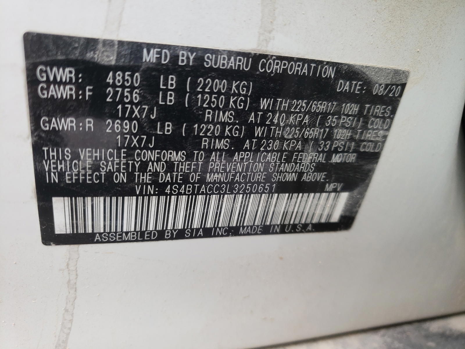 Photo 10 from auction – 2020 SUBARU OUTBACK PR with VIN 4S4BTACC3L3250651