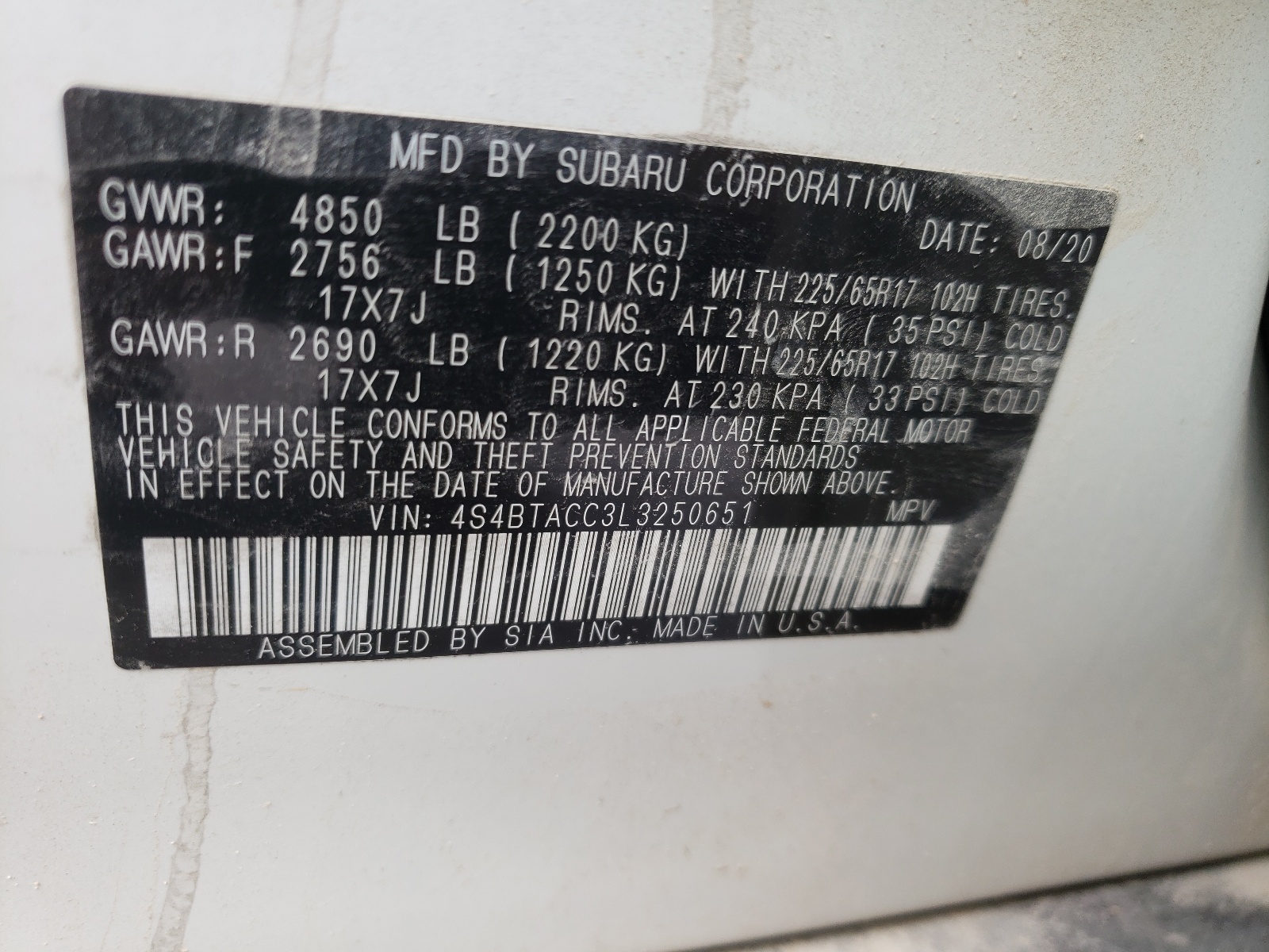 Zdjęcie 10 z aukcji – 2020 SUBARU OUTBACK PR z VIN 4S4BTACC3L3250651