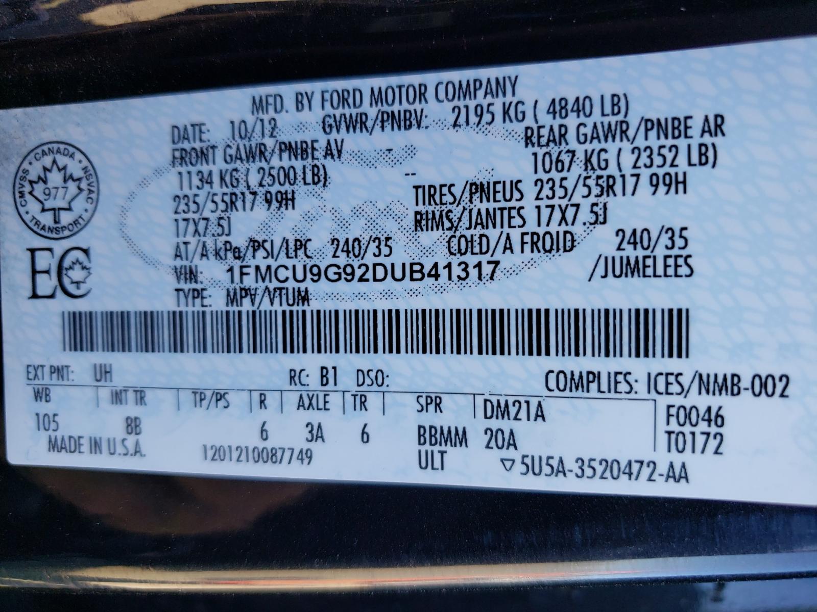 Photo 10 from auction – 2013 FORD ESCAPE SE with VIN 1FMCU9G92DUB41317