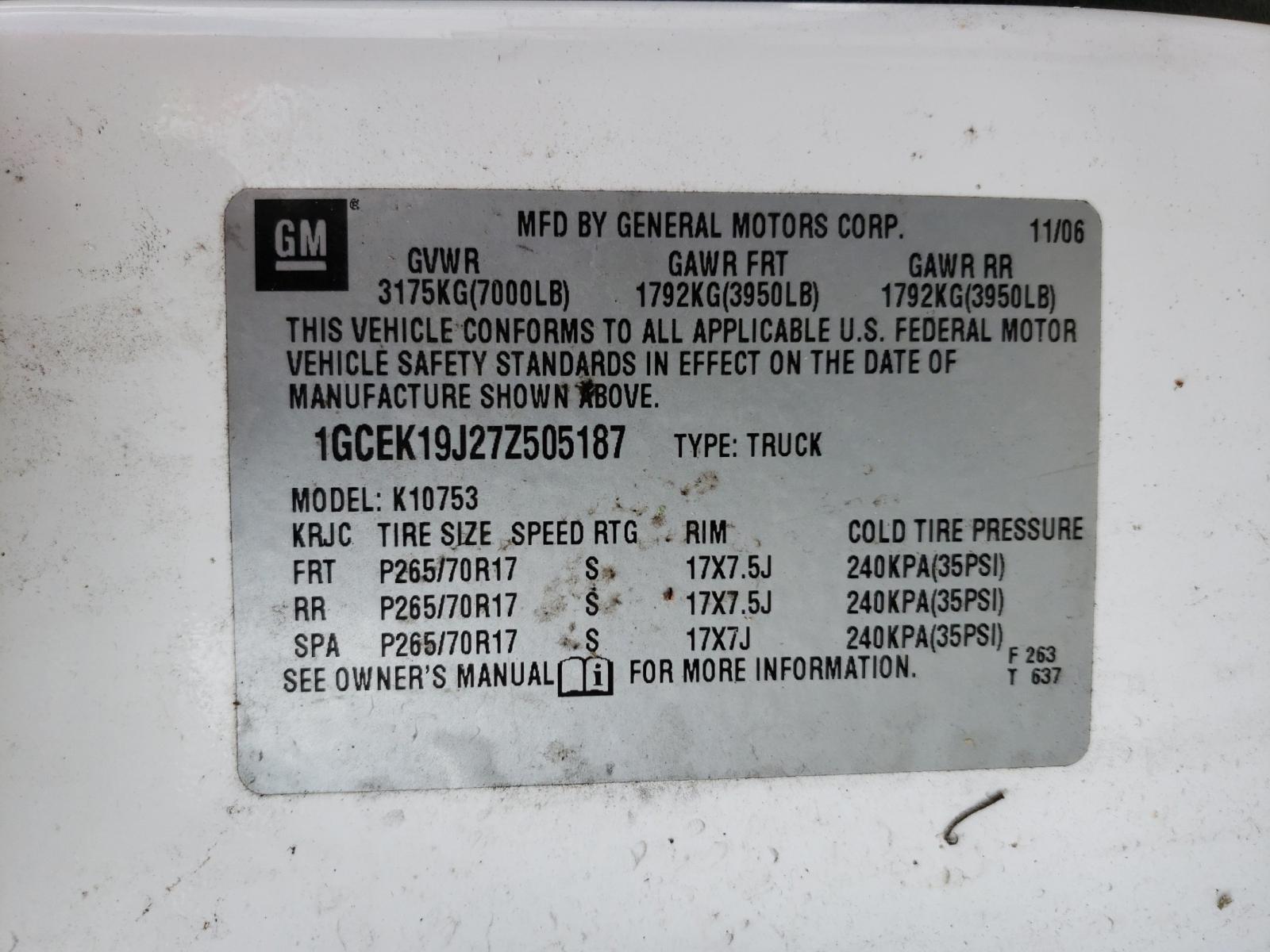 Photo 10 from auction – 2007 CHEVROLET SILVERADO with VIN 1GCEK19J27Z505187