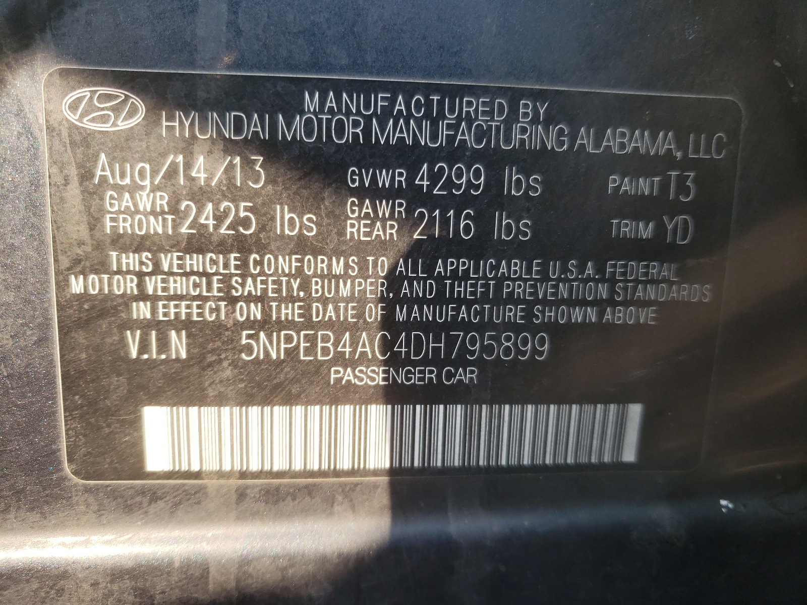 Photo 11 from auction – 2013 HYUNDAI SONATA GLS with VIN 5NPEB4AC4DH795899