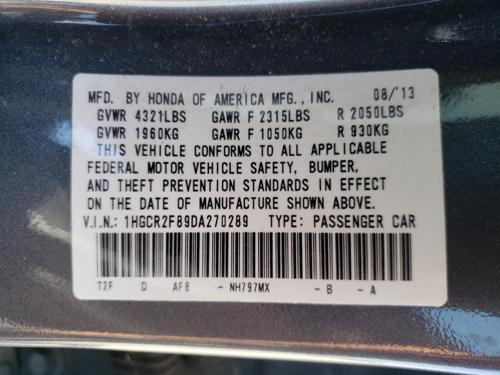 Photo 10 from auction – 2013 HONDA ACCORD EXL with VIN 1HGCR2F89DA270289