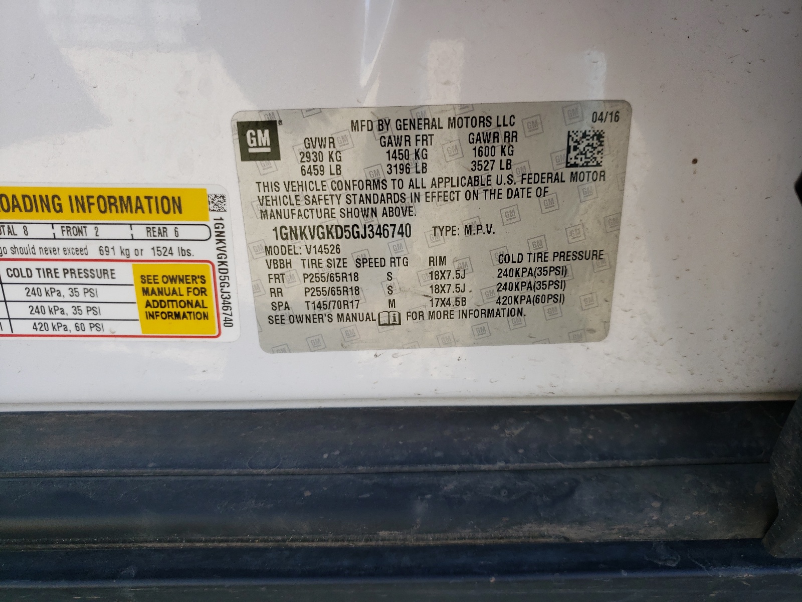 Photo 10 from auction – 2016 CHEVROLET TRAVERSE L with VIN 1GNKVGKD5GJ346740