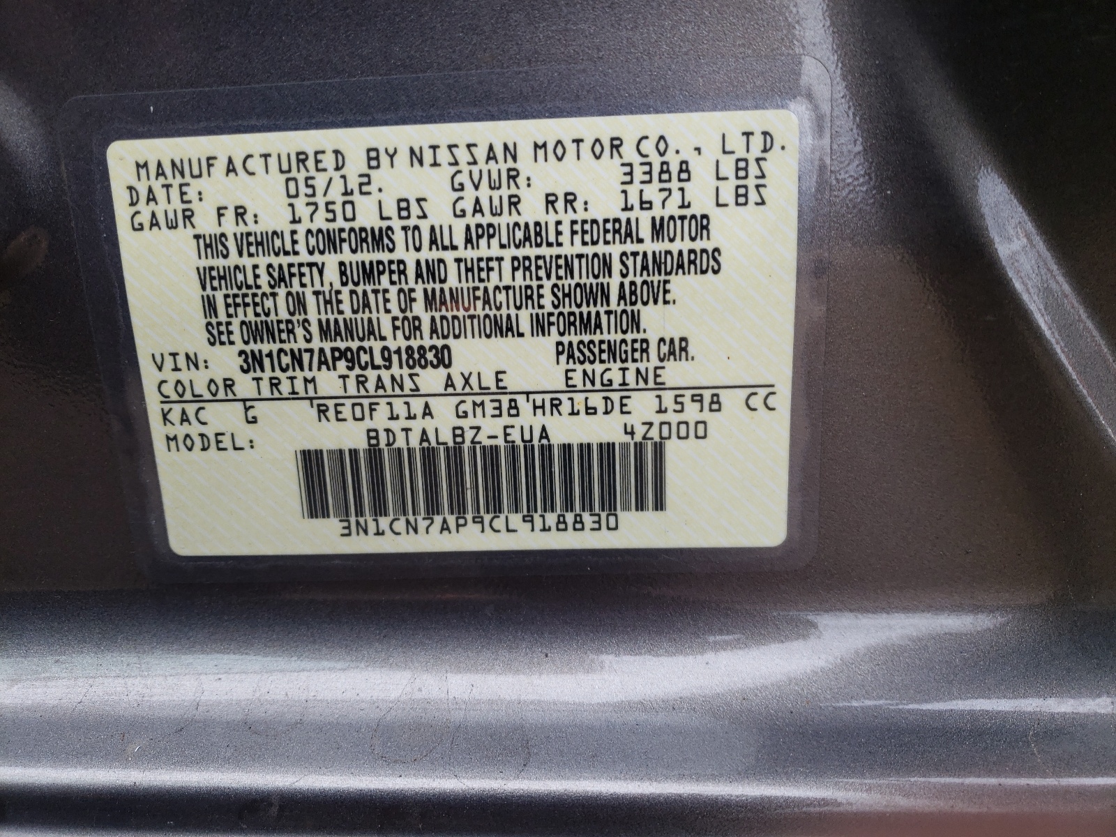 Photo 10 from auction – 2012 NISSAN VERSA S with VIN 3N1CN7AP9CL918830