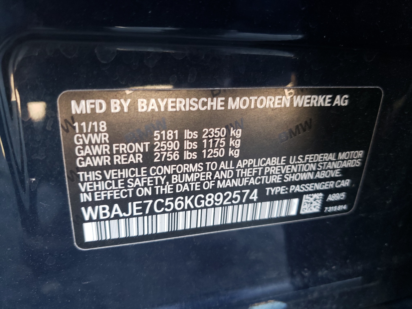 Photo 10 from auction – 2019 BMW 540 XI with VIN WBAJE7C56KG892574