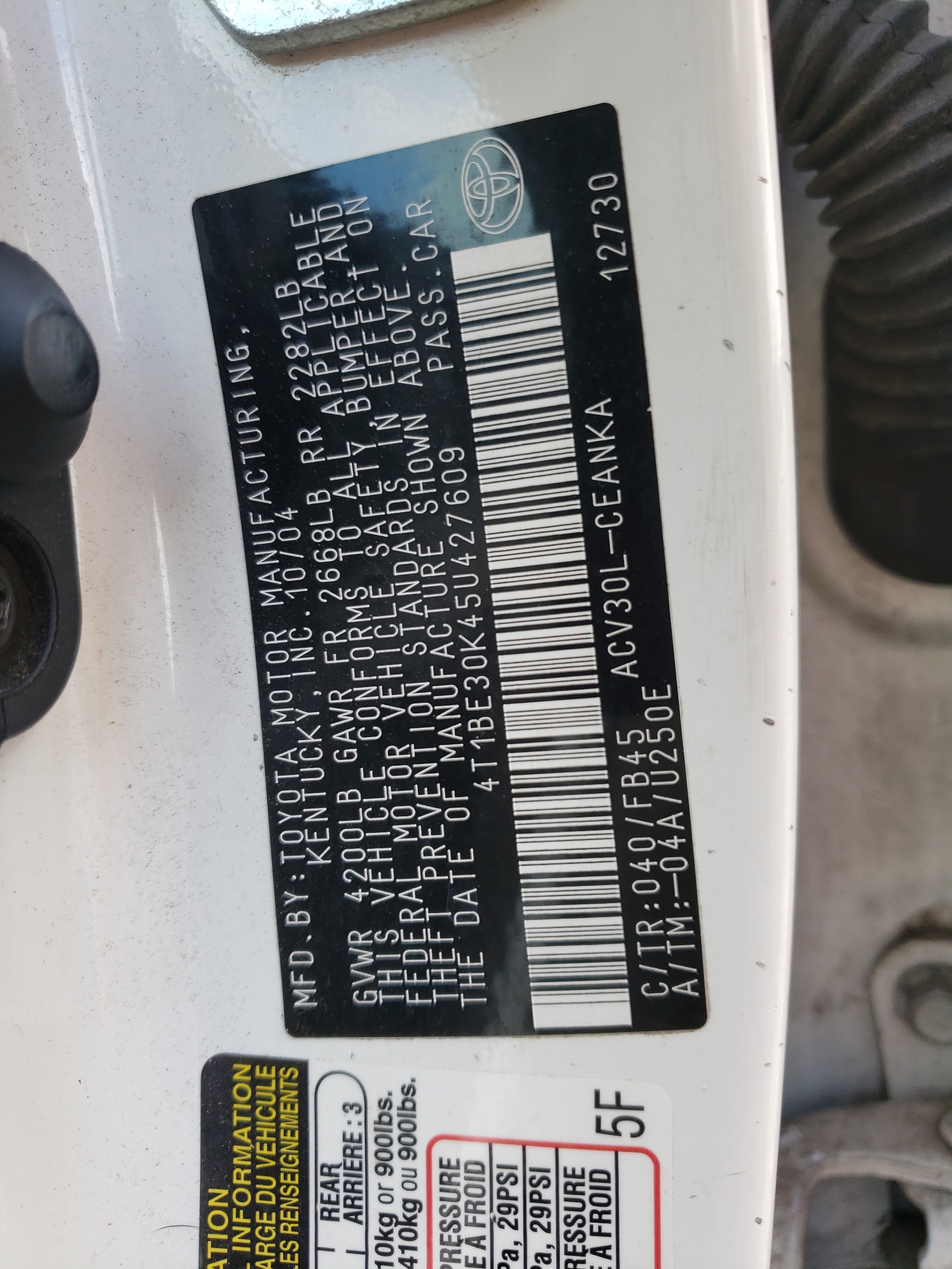 Photo 10 from auction – 2005 TOYOTA CAMRY LE with VIN 4T1BE30K45U427609
