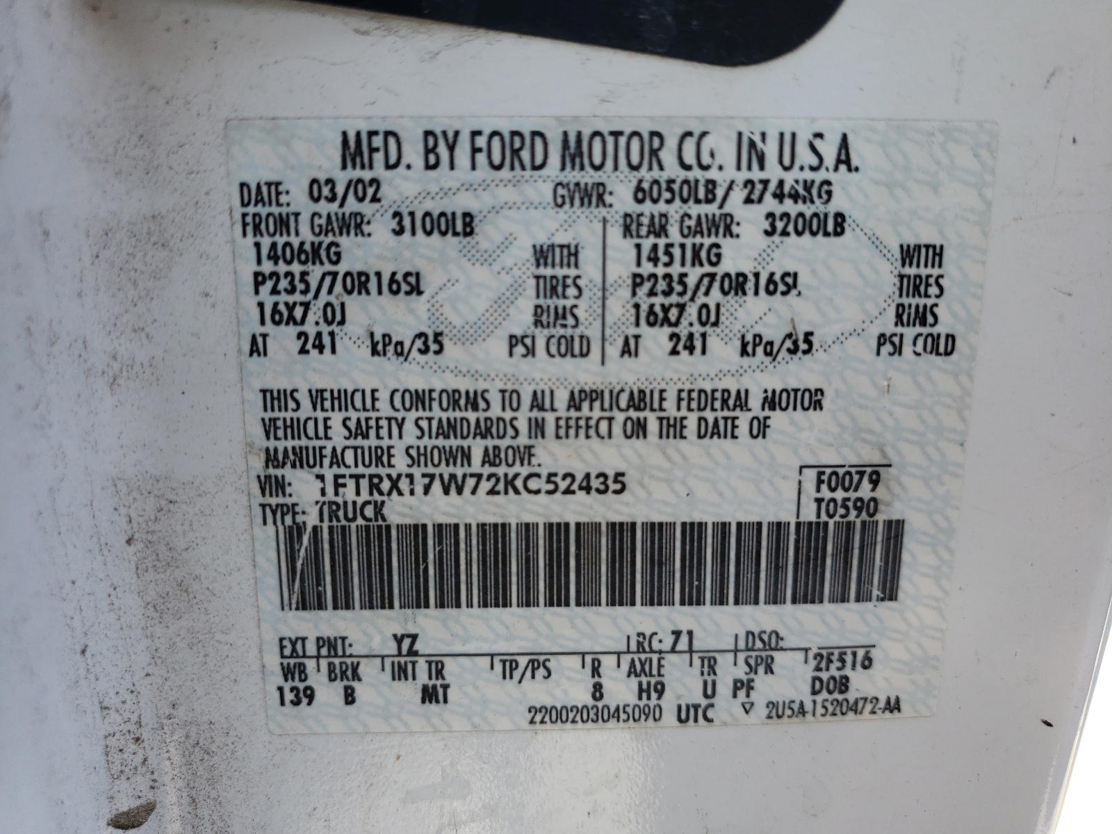 Photo 10 from auction – 2002 FORD F150 with VIN 1FTRX17W72KC52435
