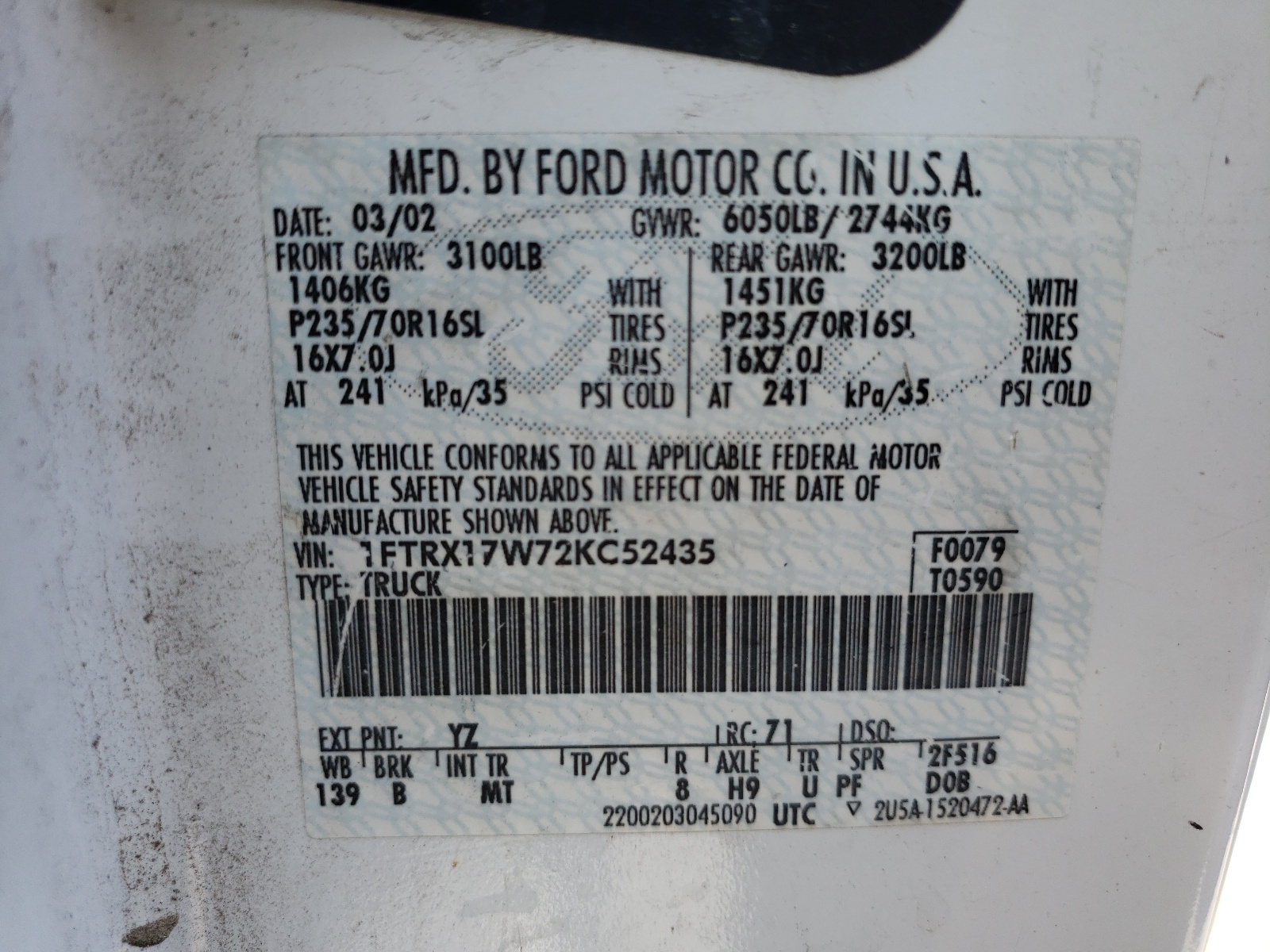 صورة رقم 10 من المزاد - 2002 FORD F150 مع VIN 1FTRX17W72KC52435
