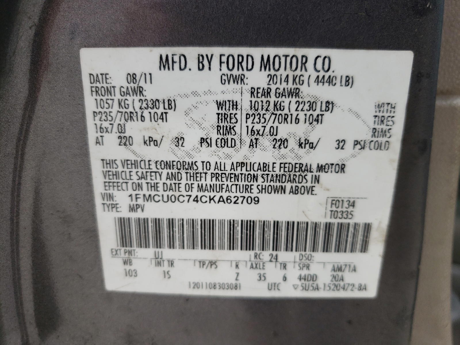 Photo 10 from auction – 2012 FORD ESCAPE XLS with VIN 1FMCU0C74CKA62709