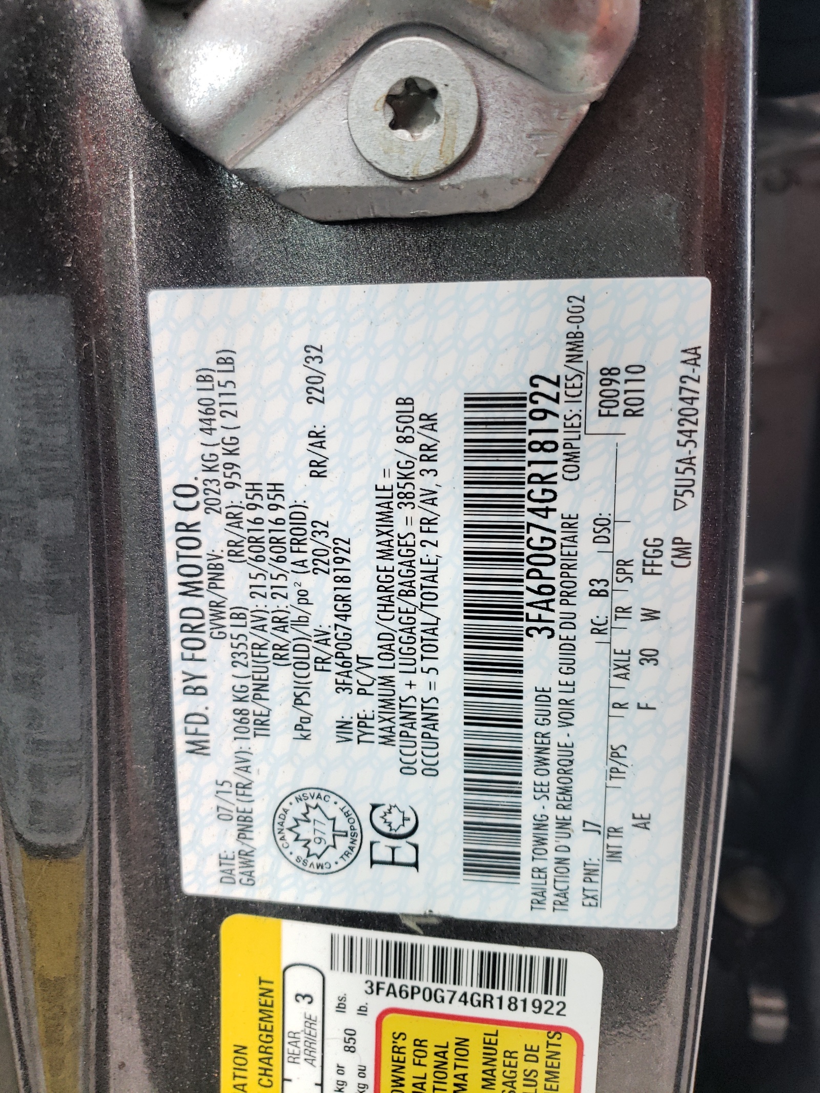 Photo 10 from auction – 2016 FORD FUSION S with VIN 3FA6P0G74GR181922