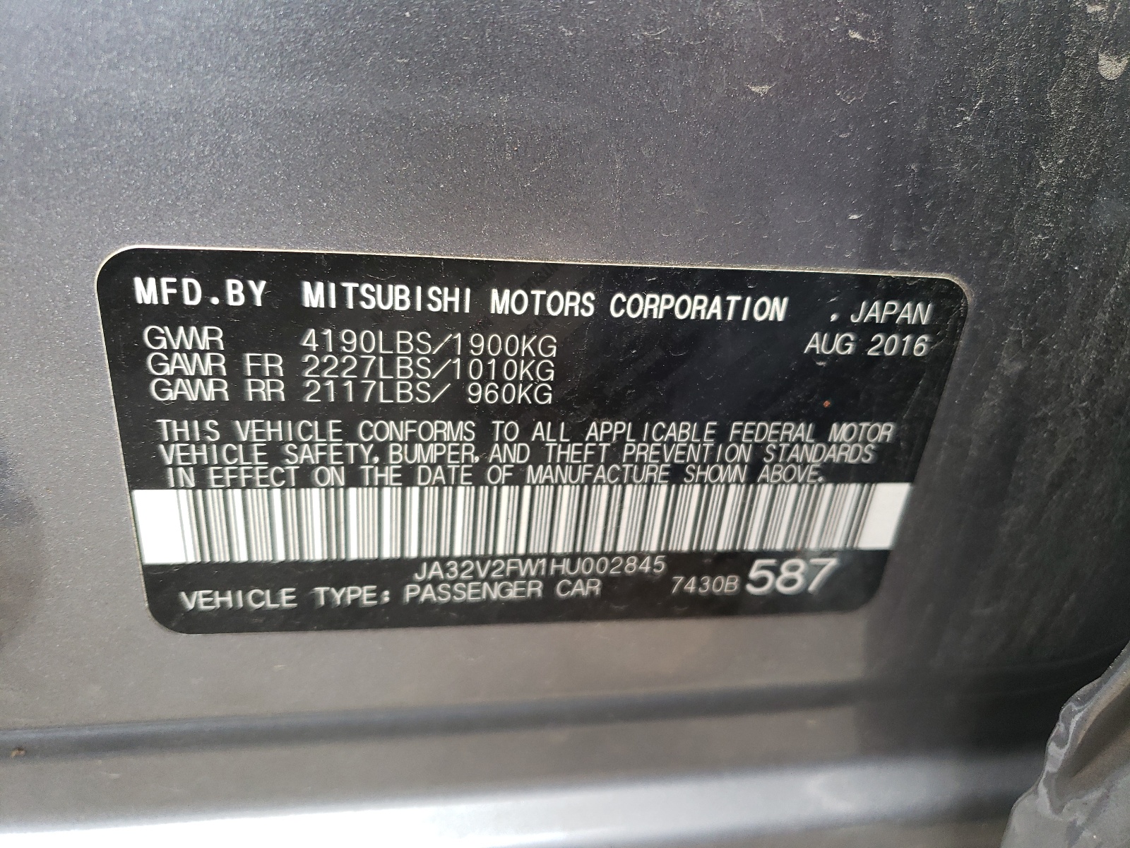 Photo 10 from auction – 2017 MITSUBISHI LANCER ES with VIN JA32V2FW1HU002845