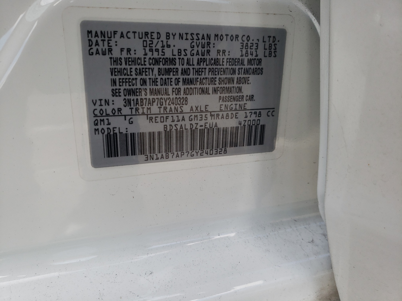 Photo 10 from auction – 2016 NISSAN SENTRA S with VIN 3N1AB7AP7GY240328