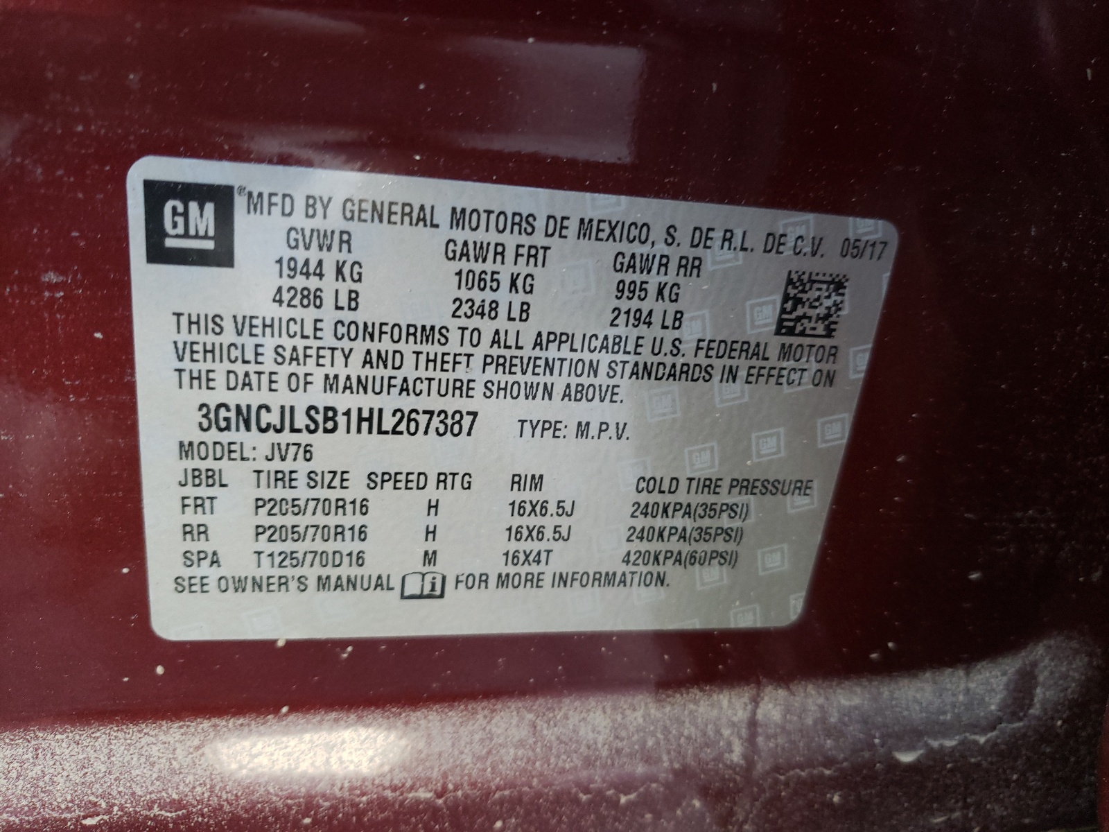 Photo 10 from auction – 2017 CHEVROLET TRAX 1LT with VIN 3GNCJLSB1HL267387