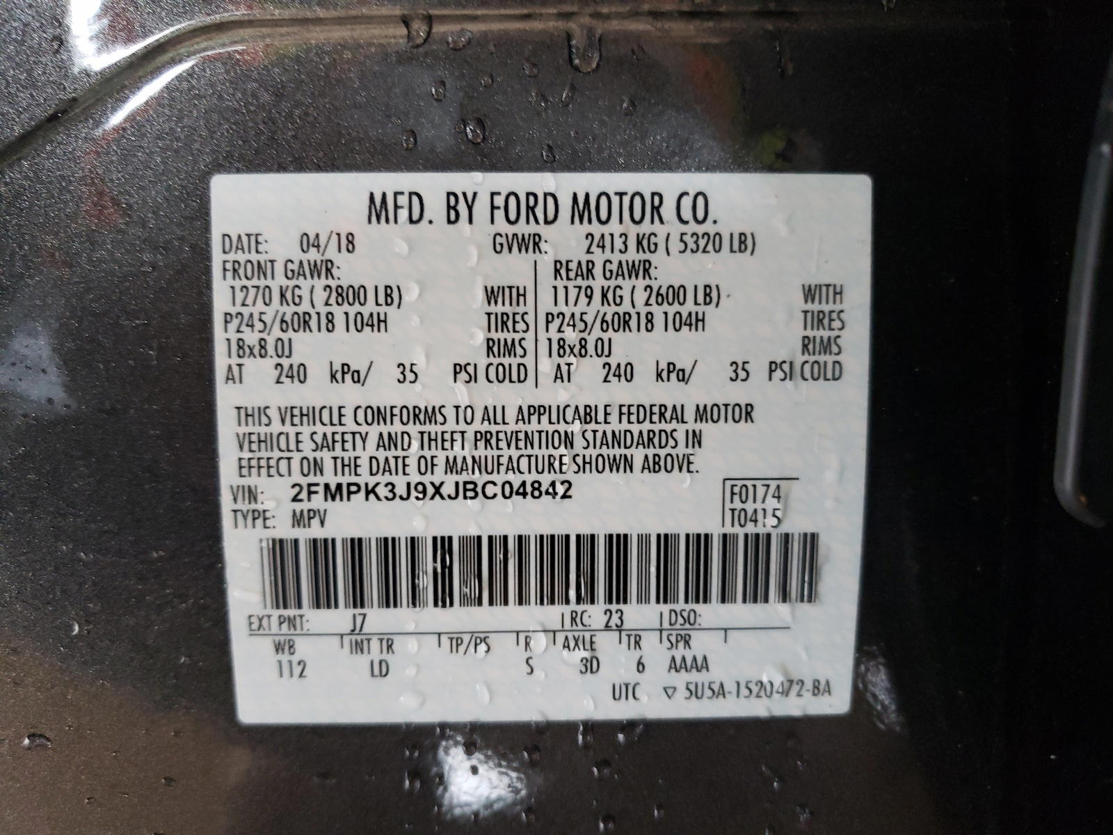 Photo 10 from auction – 2018 FORD EDGE SEL with VIN 2FMPK3J9XJBC04842