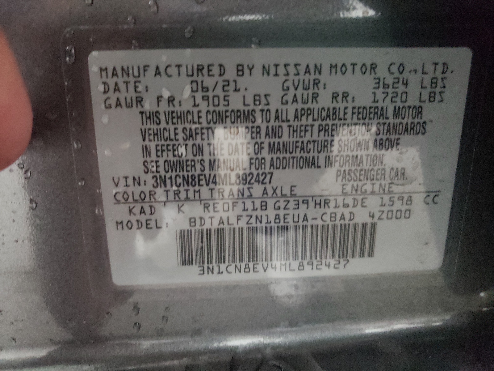 Photo 10 from auction – 2021 NISSAN VERSA SV with VIN 3N1CN8EV4ML892427