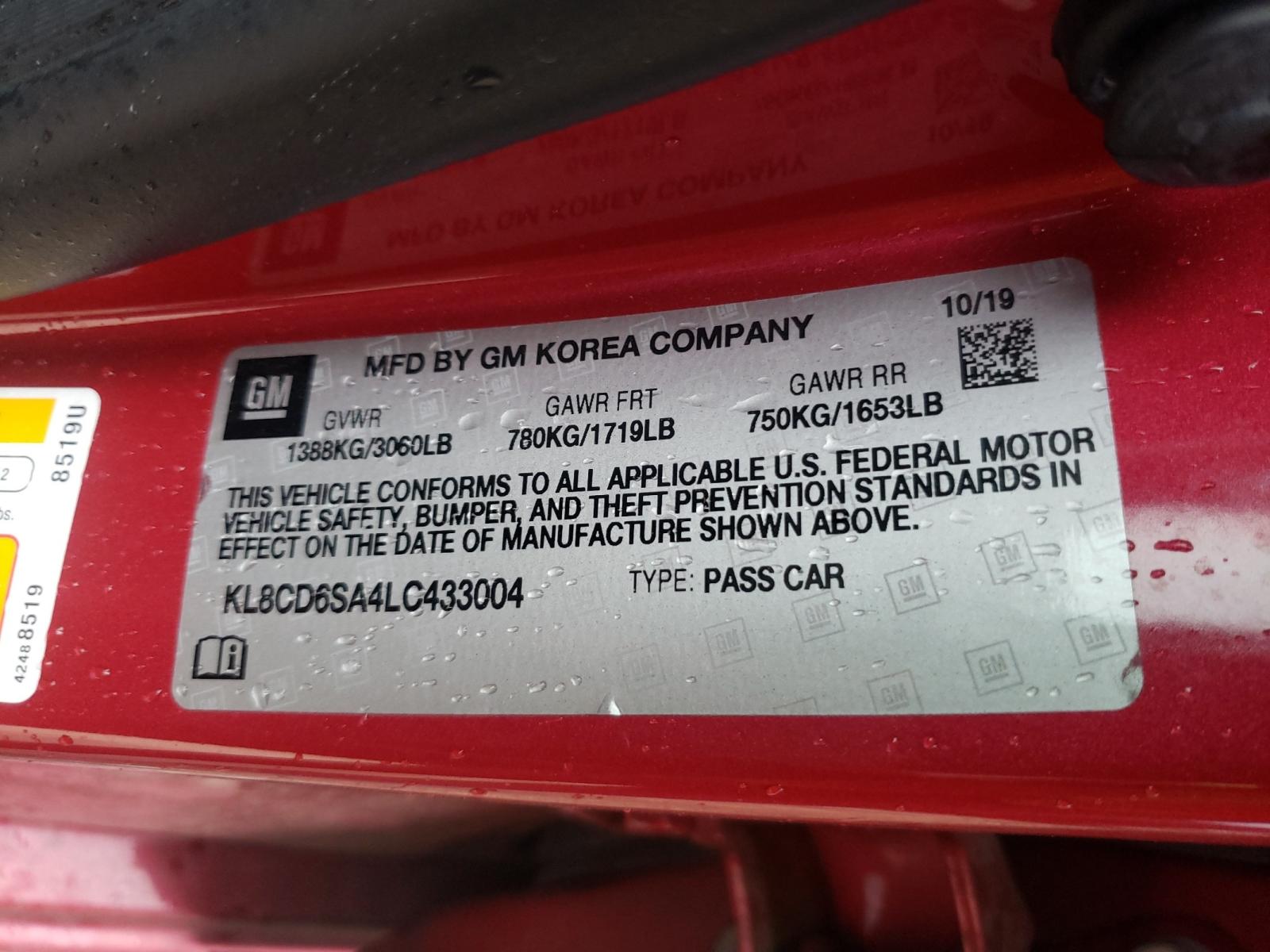 Photo 10 from auction – 2020 CHEVROLET SPARK 1LT with VIN KL8CD6SA4LC433004