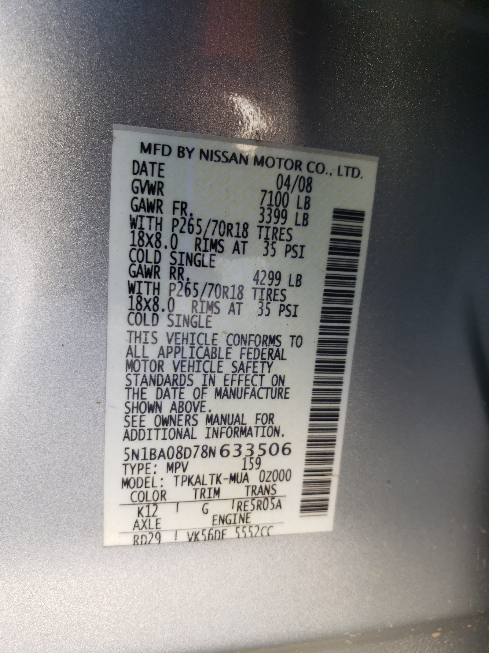 Photo 10 from auction – 2008 NISSAN ARMADA SE with VIN 5N1BA08D78N633506