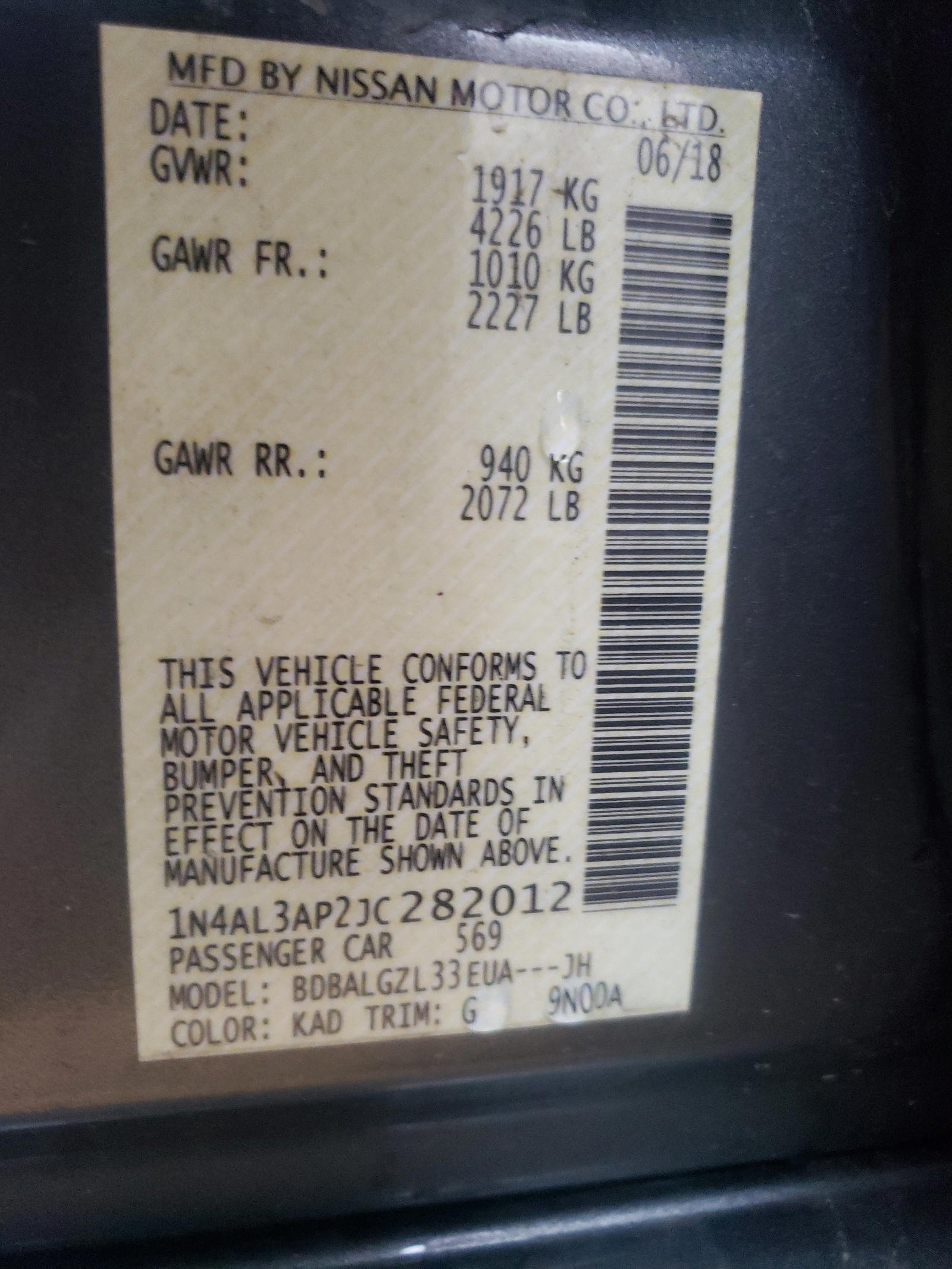 Photo 10 from auction – 2018 NISSAN ALTIMA 2.5 with VIN 1N4AL3AP2JC282012