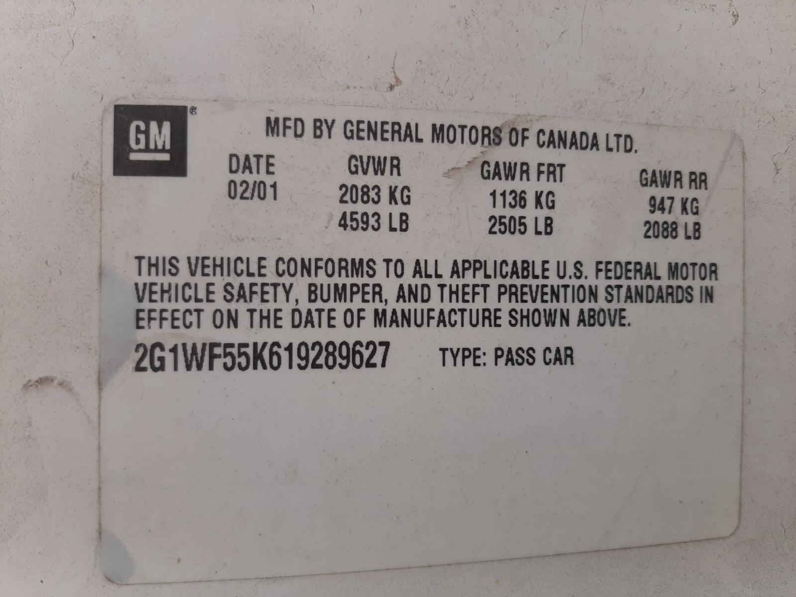 Photo 11 from auction – 2001 CHEVROLET IMPALA with VIN 2G1WF55K619289627