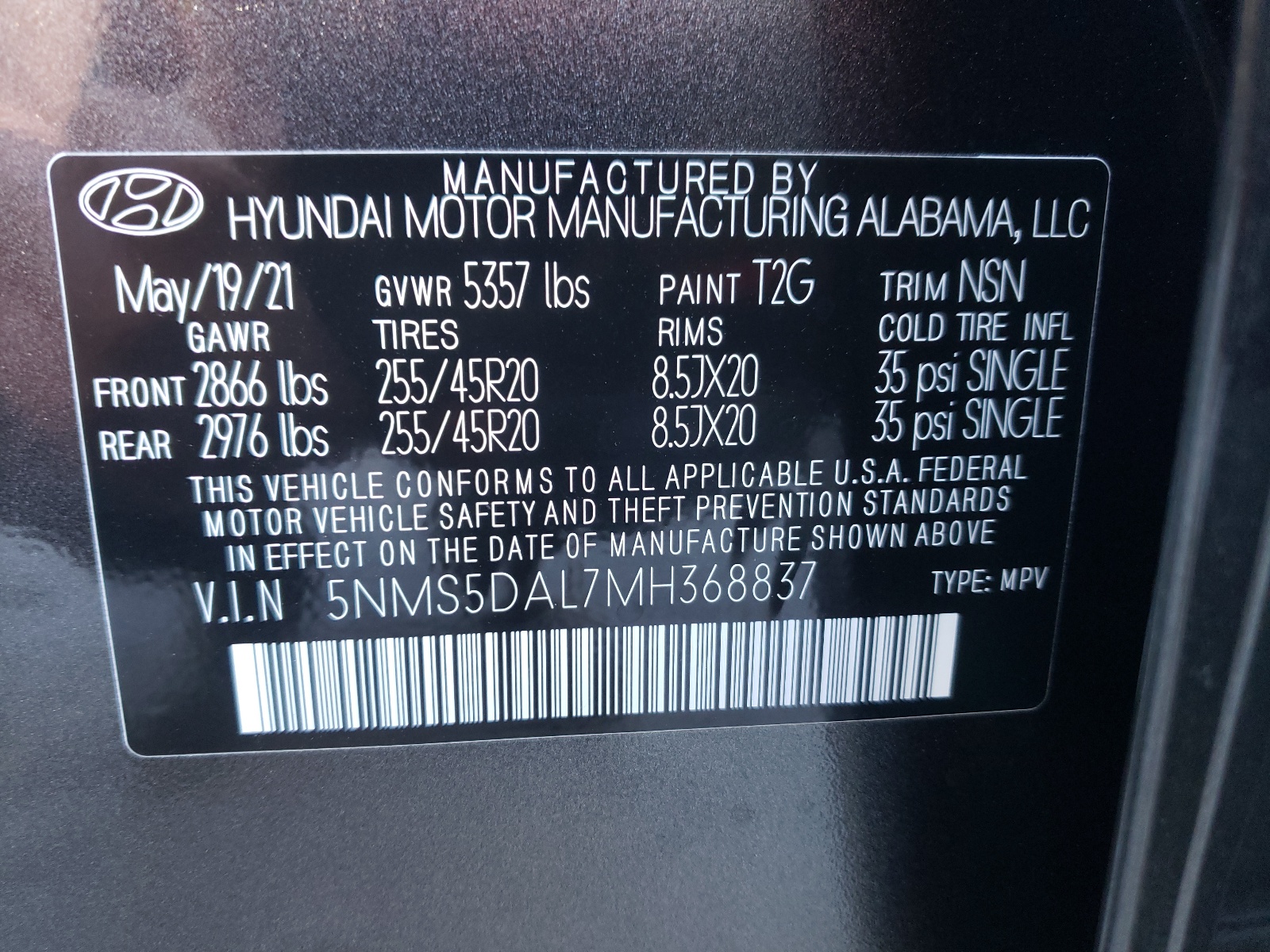 Photo 10 from auction – 2021 HYUNDAI SANTA FE C with VIN 5NMS5DAL7MH368837