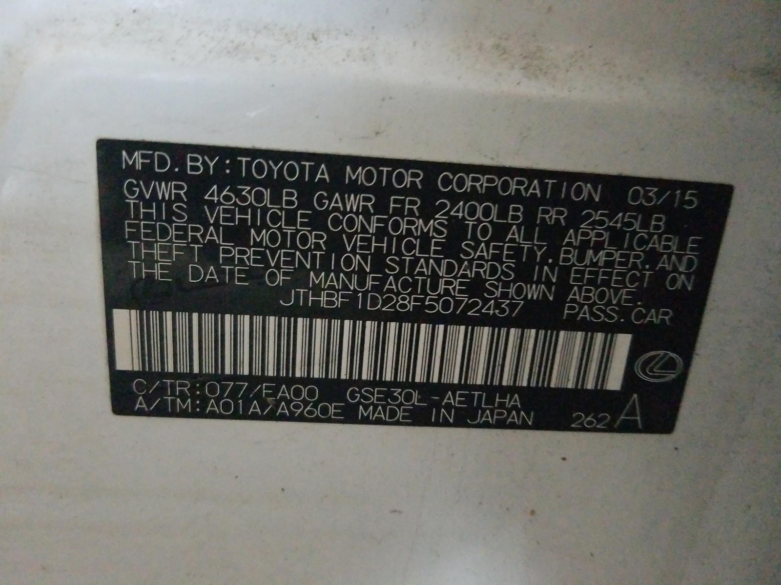 Photo 10 from auction – 2015 LEXUS IS 250 with VIN JTHBF1D28F5072437