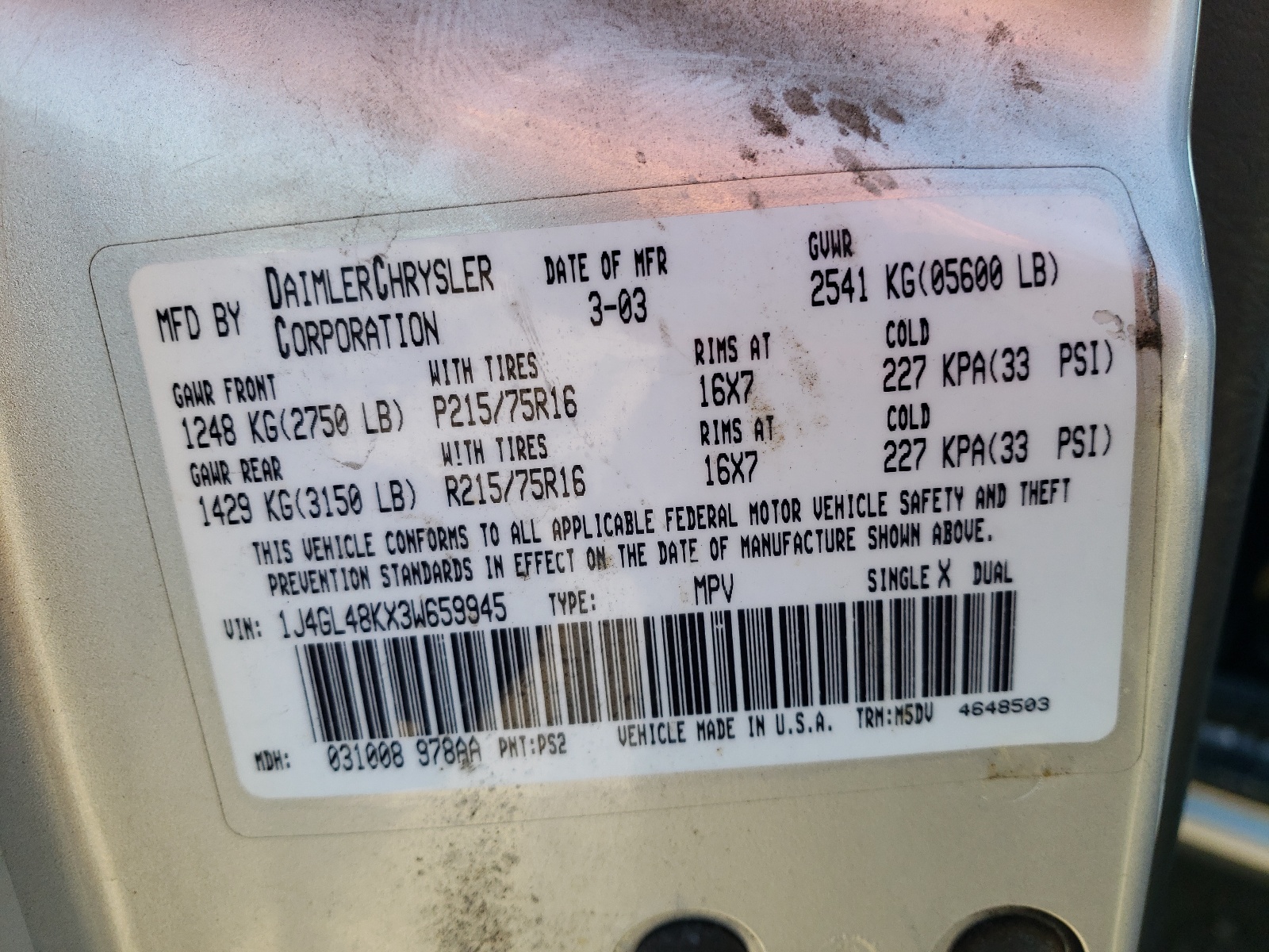 Photo 10 from auction – 2003 JEEP LIBERTY SP with VIN 1J4GL48KX3W659945