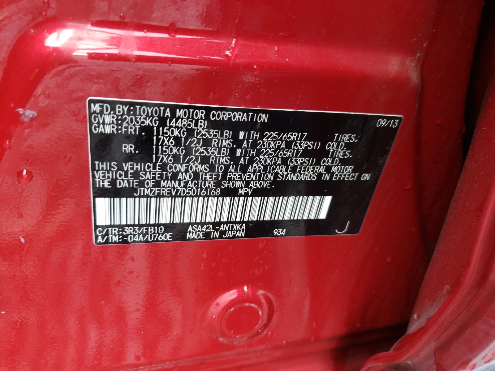 Photo 10 from auction – 2013 TOYOTA RAV4 LE with VIN JTMZFREV7D5016168