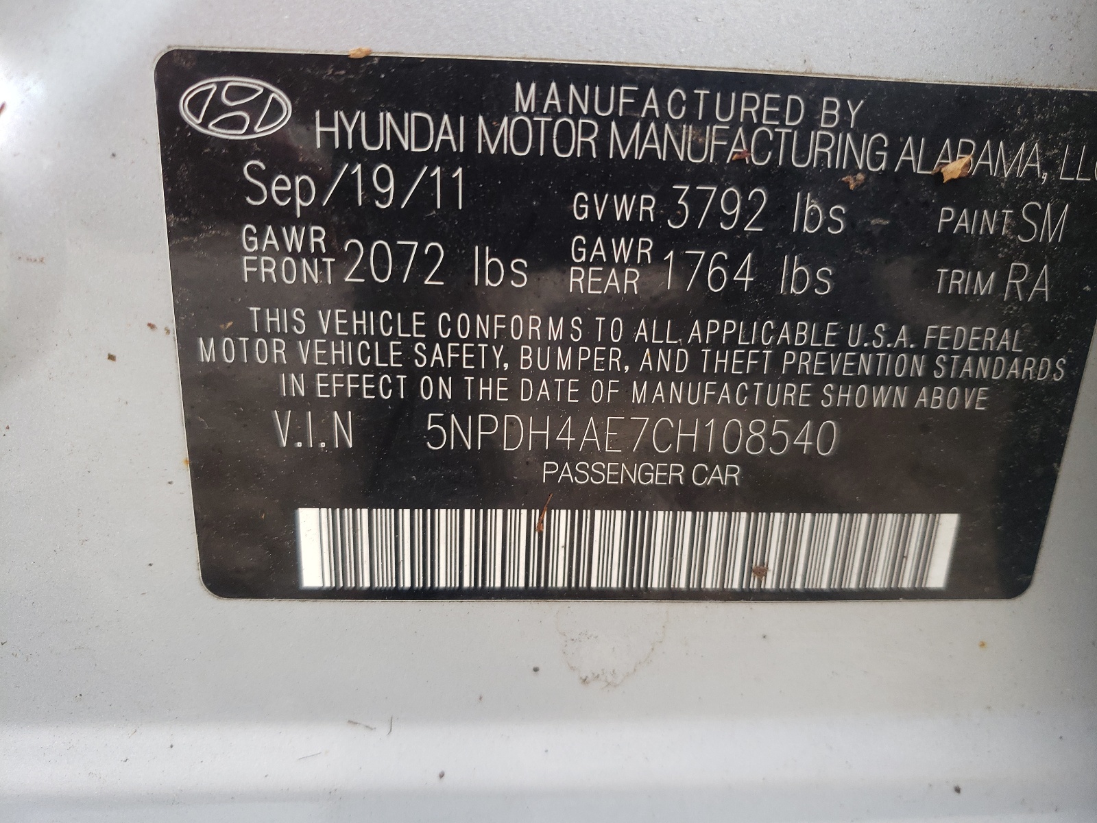 Photo 10 from auction – 2012 HYUNDAI ELANTRA GL with VIN 5NPDH4AE7CH108540