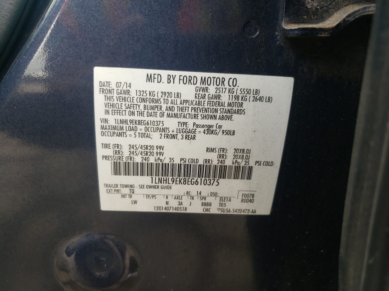Photo 10 from auction – 2014 LINCOLN MKS with VIN 1LNHL9EK8EG610375