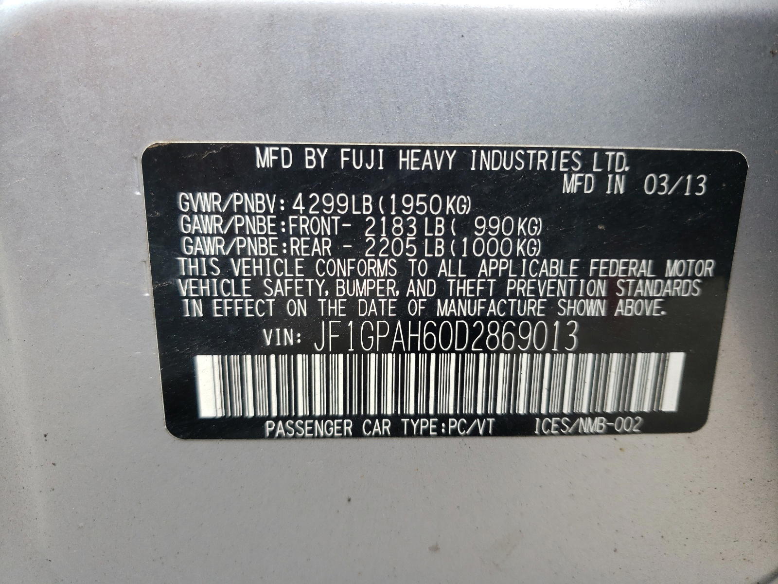 Photo 10 from auction – 2013 SUBARU IMPREZA LI with VIN JF1GPAH60D2869013