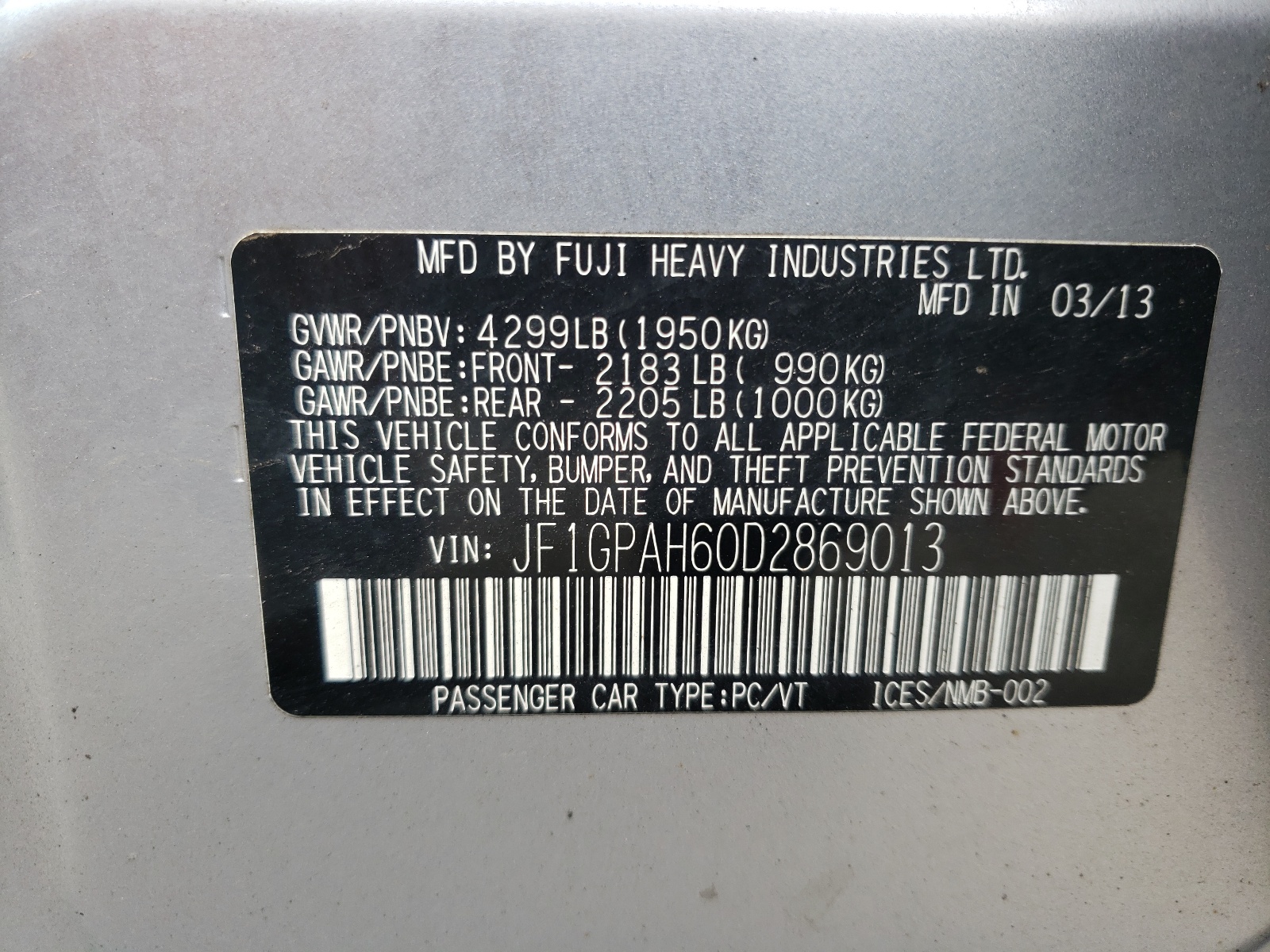 Zdjęcie 10 z aukcji – 2013 SUBARU IMPREZA LI z VIN JF1GPAH60D2869013
