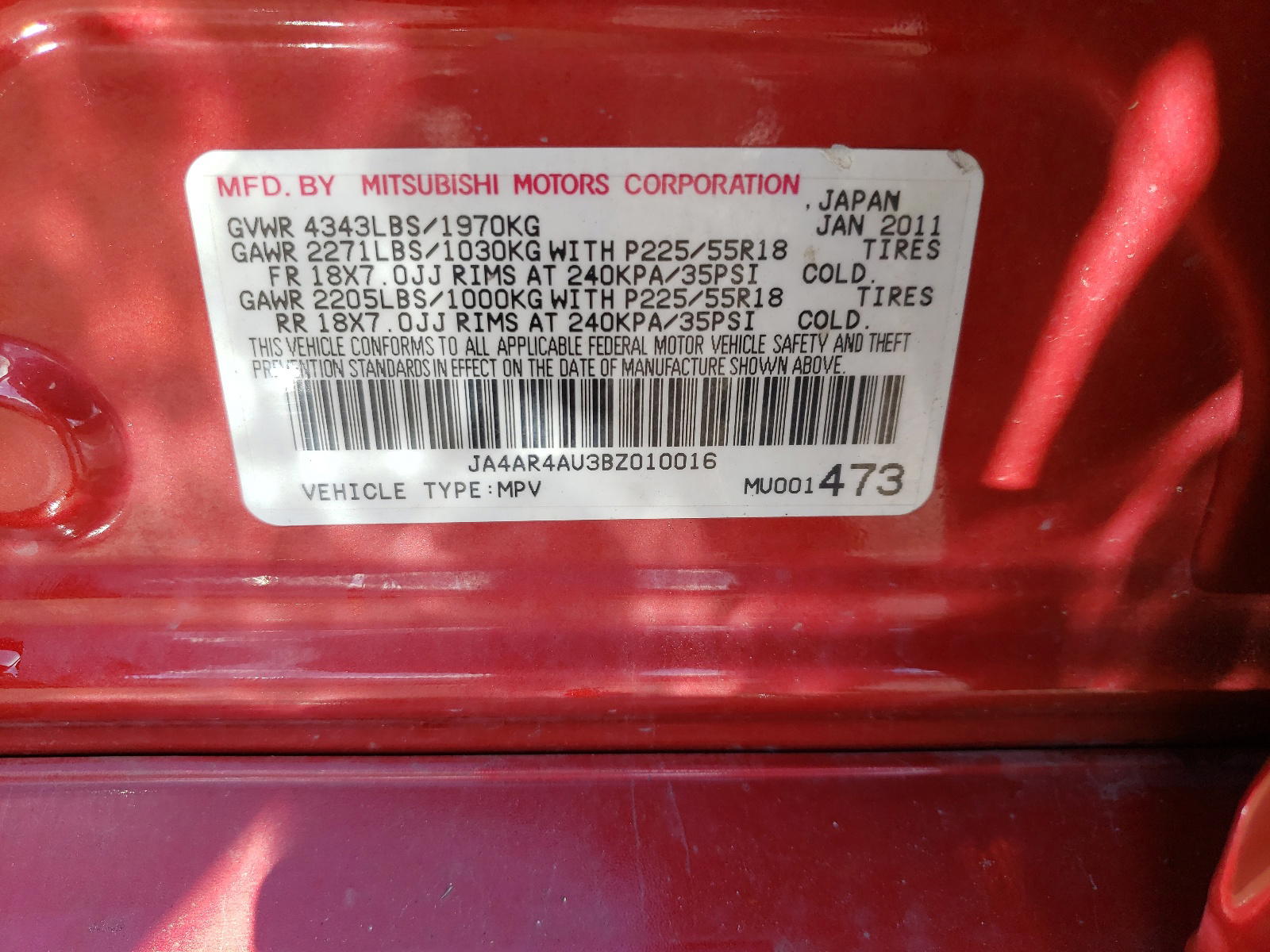 Photo 10 from auction – 2011 MITSUBISHI OUTLANDER with VIN JA4AR4AU3BZ010016