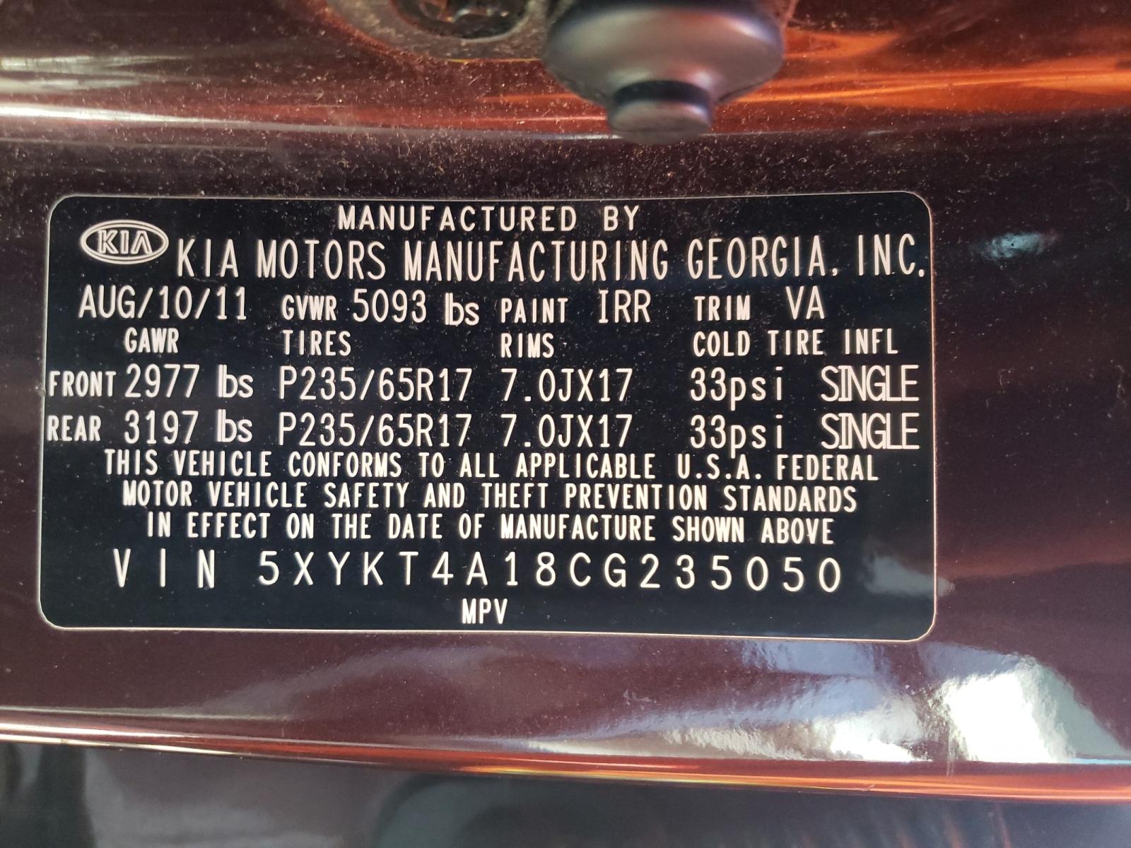 Photo 10 from auction – 2012 KIA SORENTO with VIN 5XYKT4A18CG235050