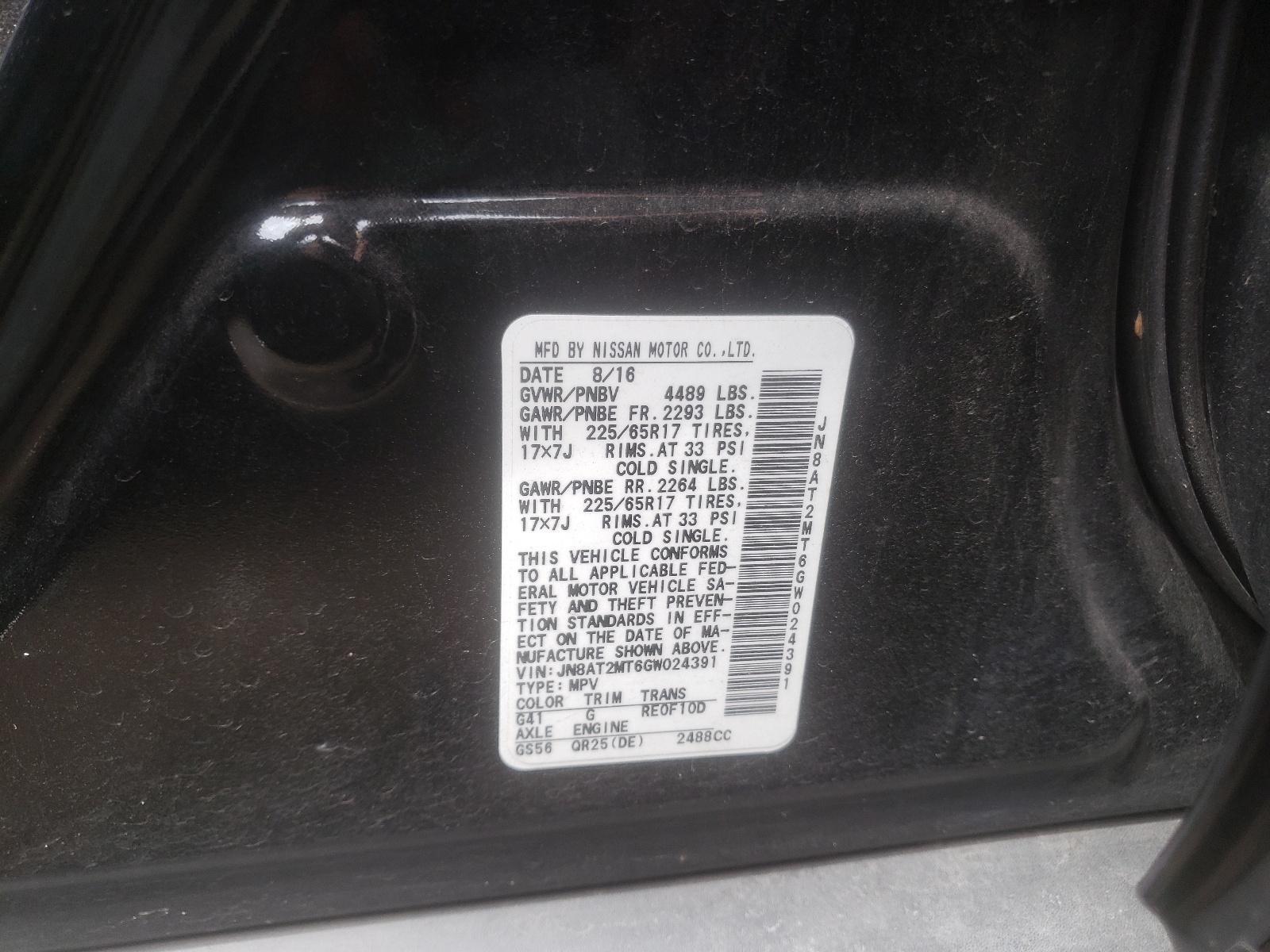 Photo 10 from auction – 2016 NISSAN ROGUE S with VIN JN8AT2MT6GW024391