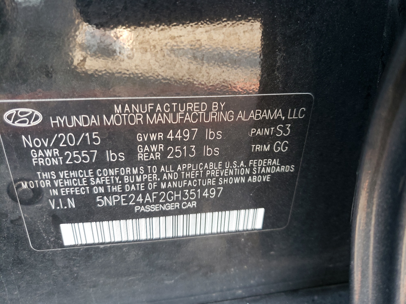 Photo 10 from auction – 2016 HYUNDAI SONATA SE with VIN 5NPE24AF2GH351497
