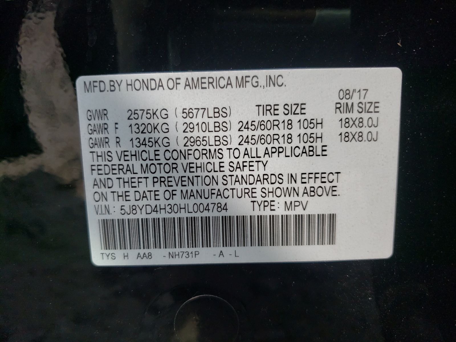 Photo 10 from auction – 2017 ACURA MDX with VIN 5J8YD4H30HL004784