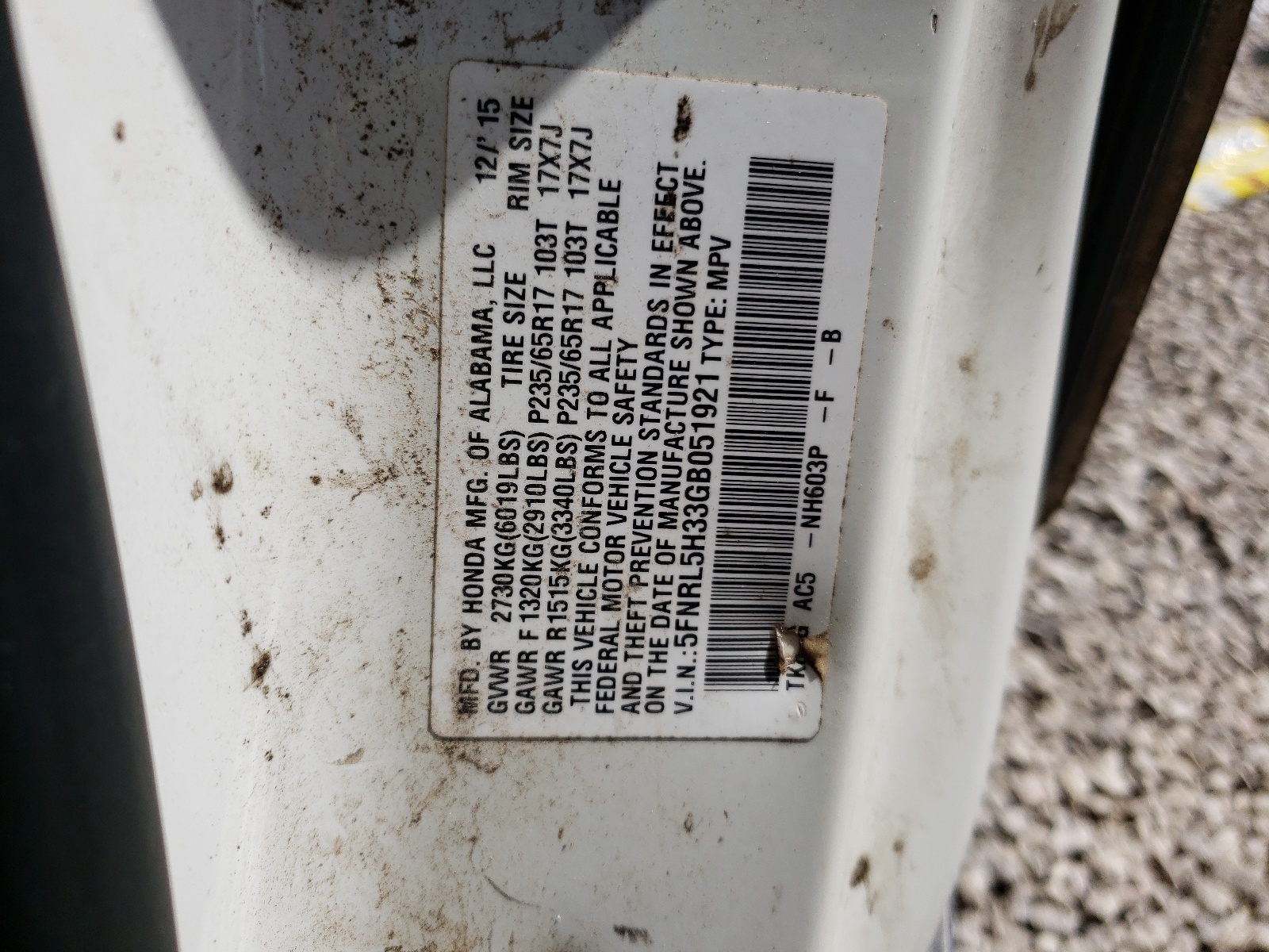 Photo 10 from auction – 2016 HONDA ODYSSEY SE with VIN 5FNRL5H33GB051921