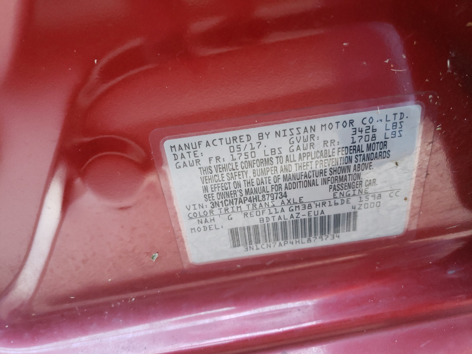 Photo 10 from auction – 2017 NISSAN VERSA S with VIN 3N1CN7AP4HL879734