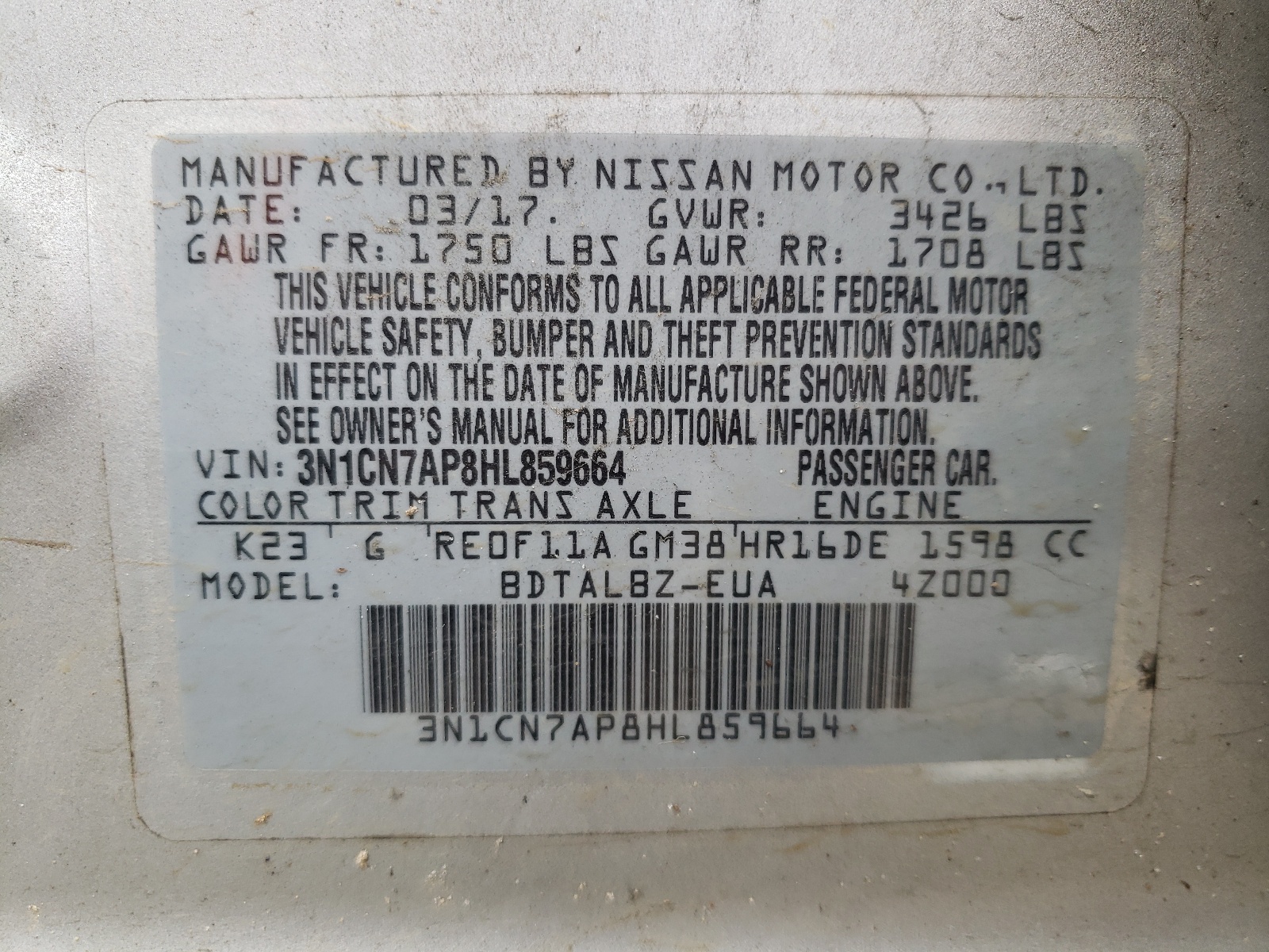 Photo 10 from auction – 2017 NISSAN VERSA S with VIN 3N1CN7AP8HL859664