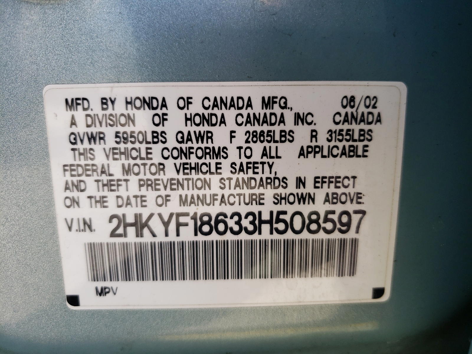 Photo 10 from auction – 2003 HONDA PILOT EXL with VIN 2HKYF18633H508597