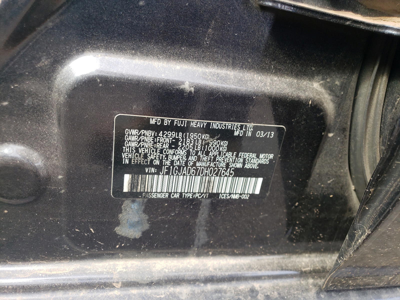Photo 10 from auction – 2013 SUBARU IMPREZA PR with VIN JF1GJAD67DH027645