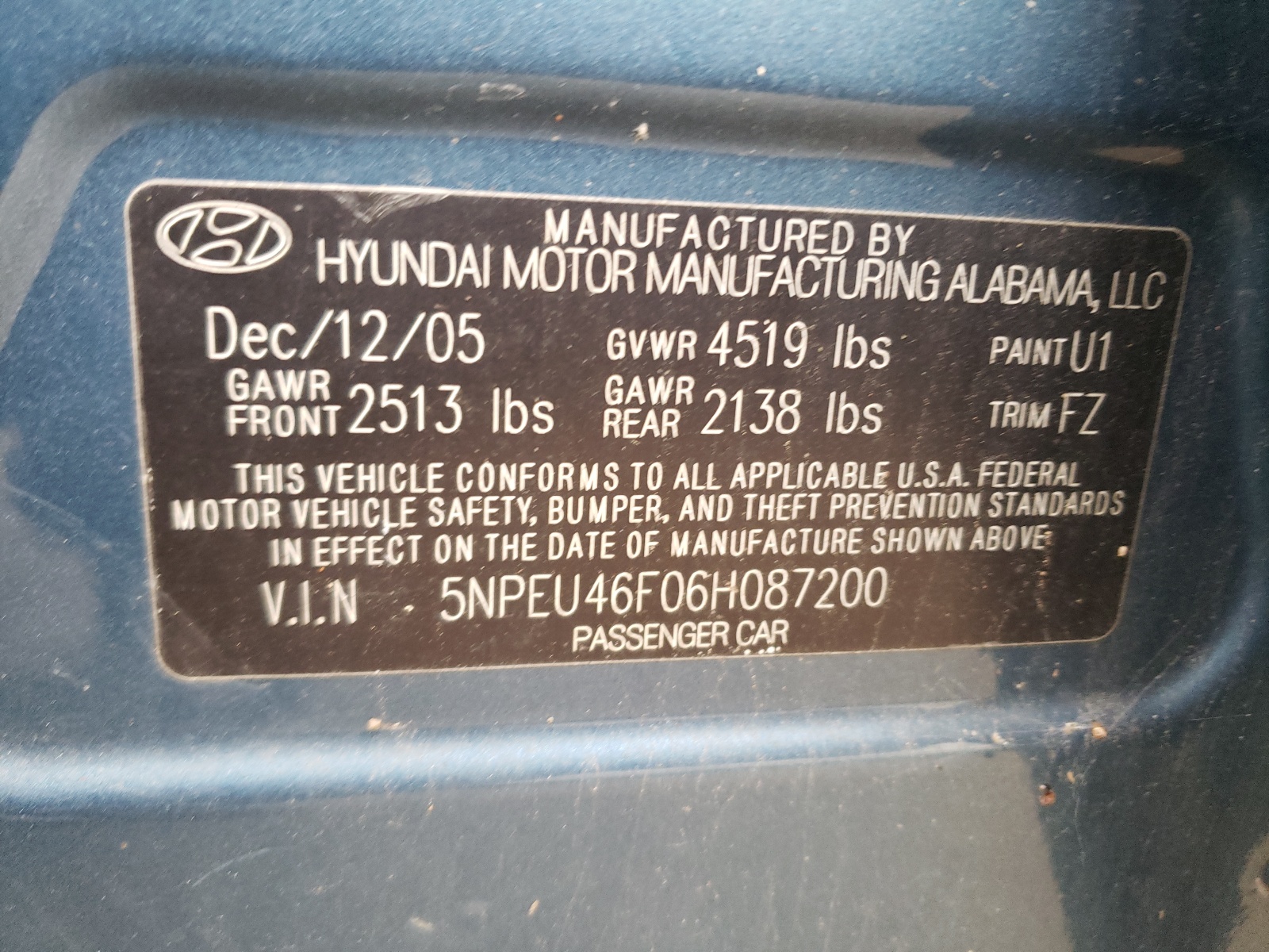 Photo 10 from auction – 2006 HYUNDAI SONATA GLS with VIN 5NPEU46F06H087200