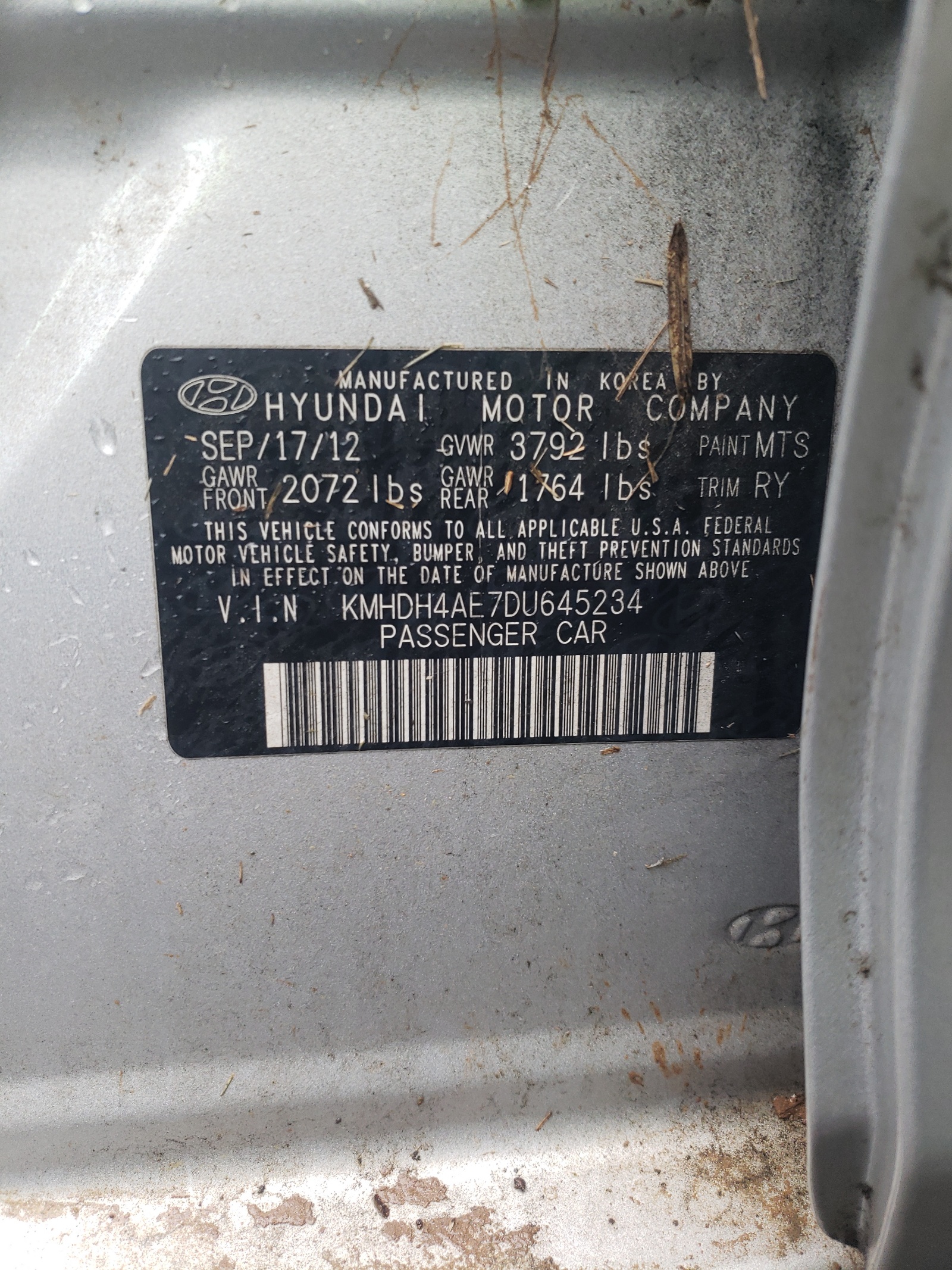 Photo 10 from auction – 2013 HYUNDAI ELANTRA GL with VIN KMHDH4AE7DU645234