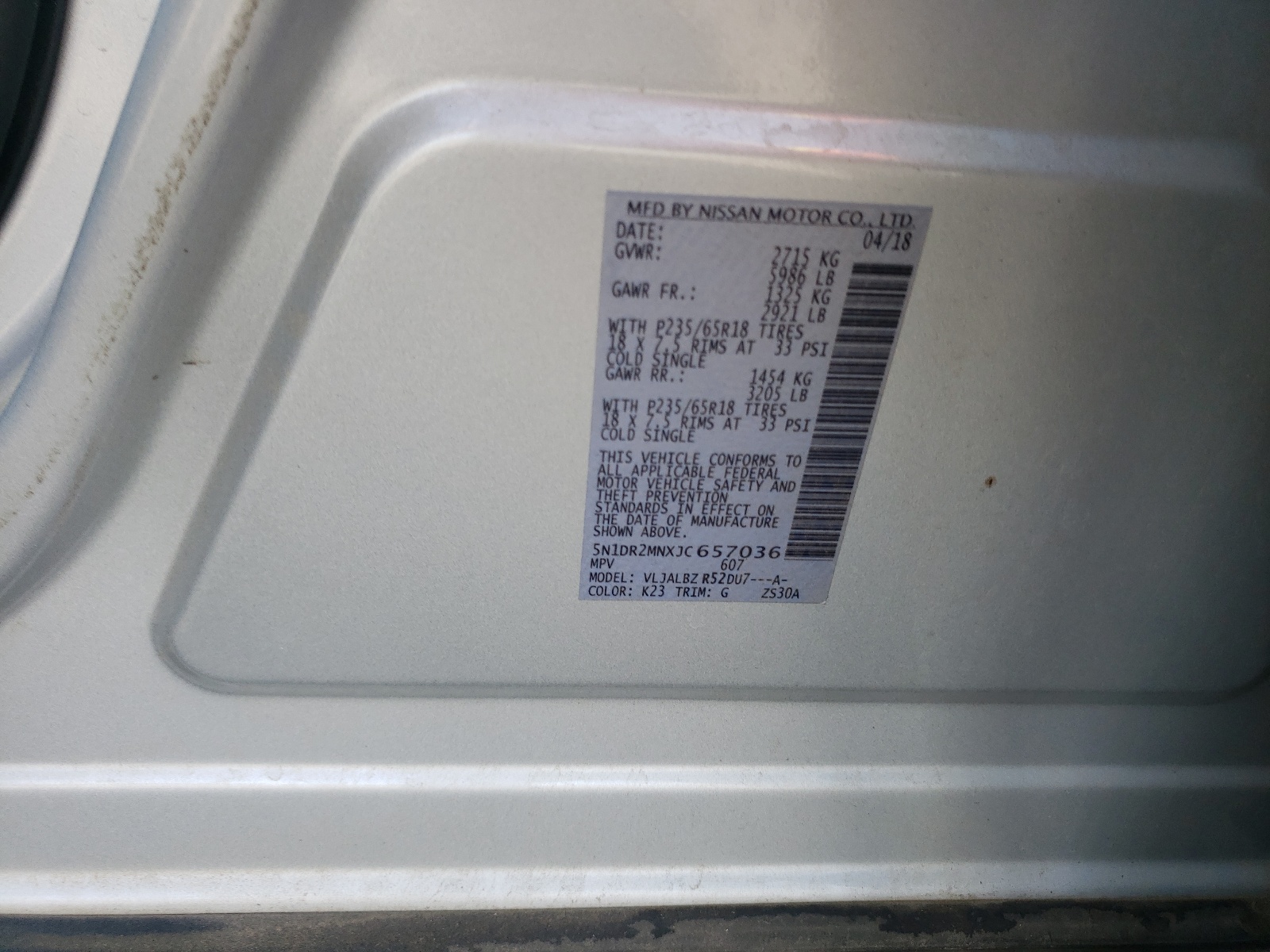 Photo 10 from auction – 2018 NISSAN PATHFINDER with VIN 5N1DR2MNXJC657036