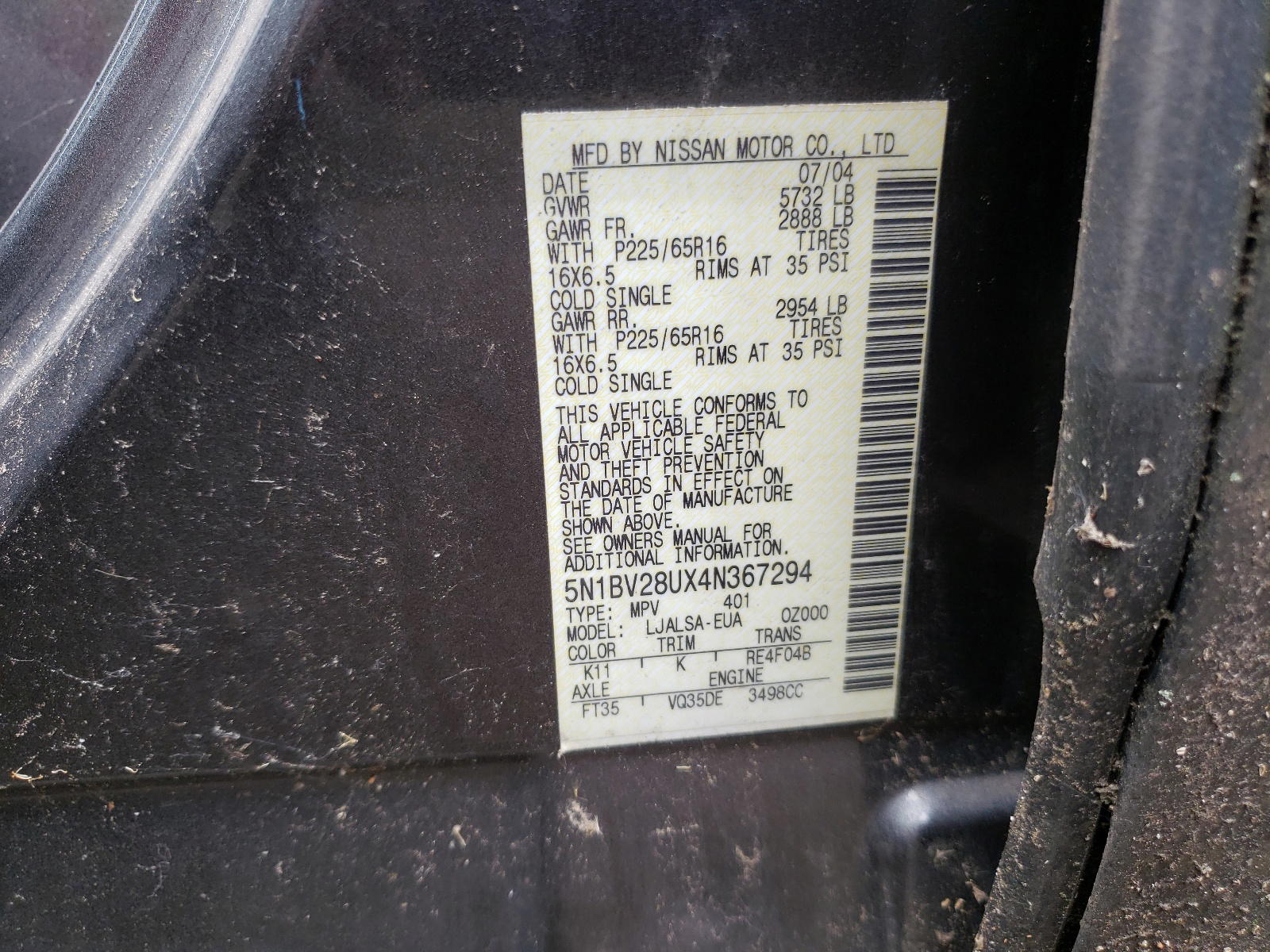 Photo 10 from auction – 2004 NISSAN QUEST with VIN 5N1BV28UX4N367294