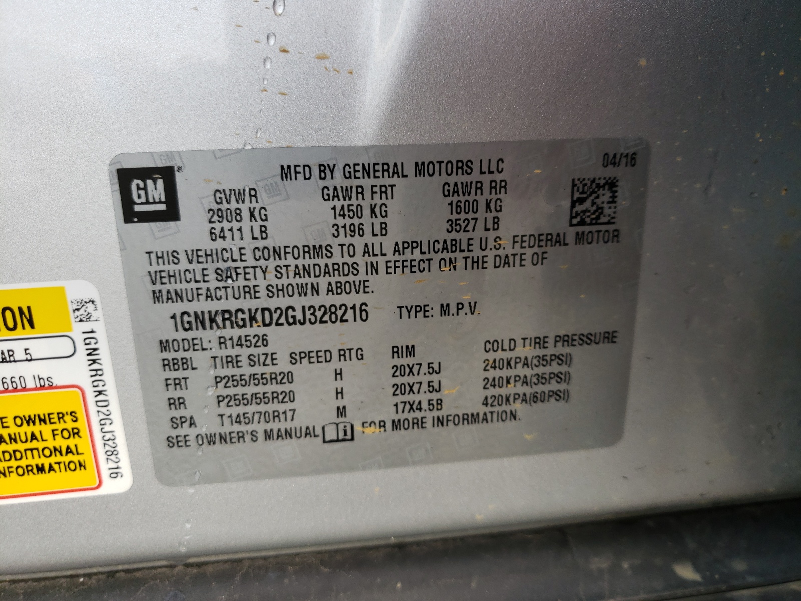 Photo 10 from auction – 2016 CHEVROLET TRAVERSE L with VIN 1GNKRGKD2GJ328216